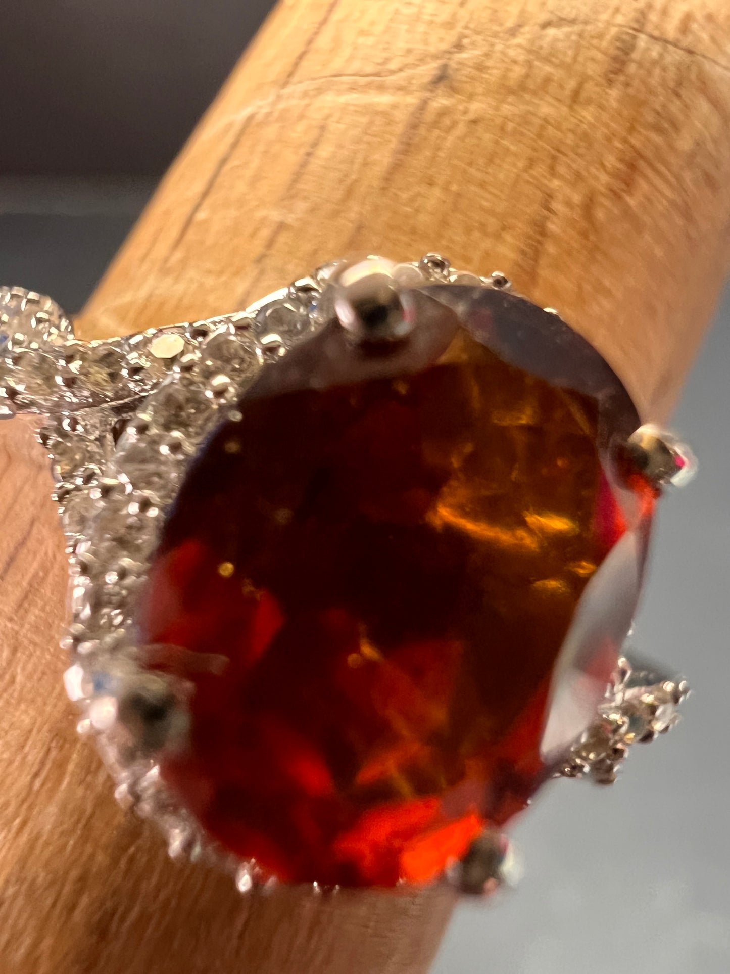 NEW Ceylon Hessonite garnet and zircon ring in rhodium over sterling silver size 7
