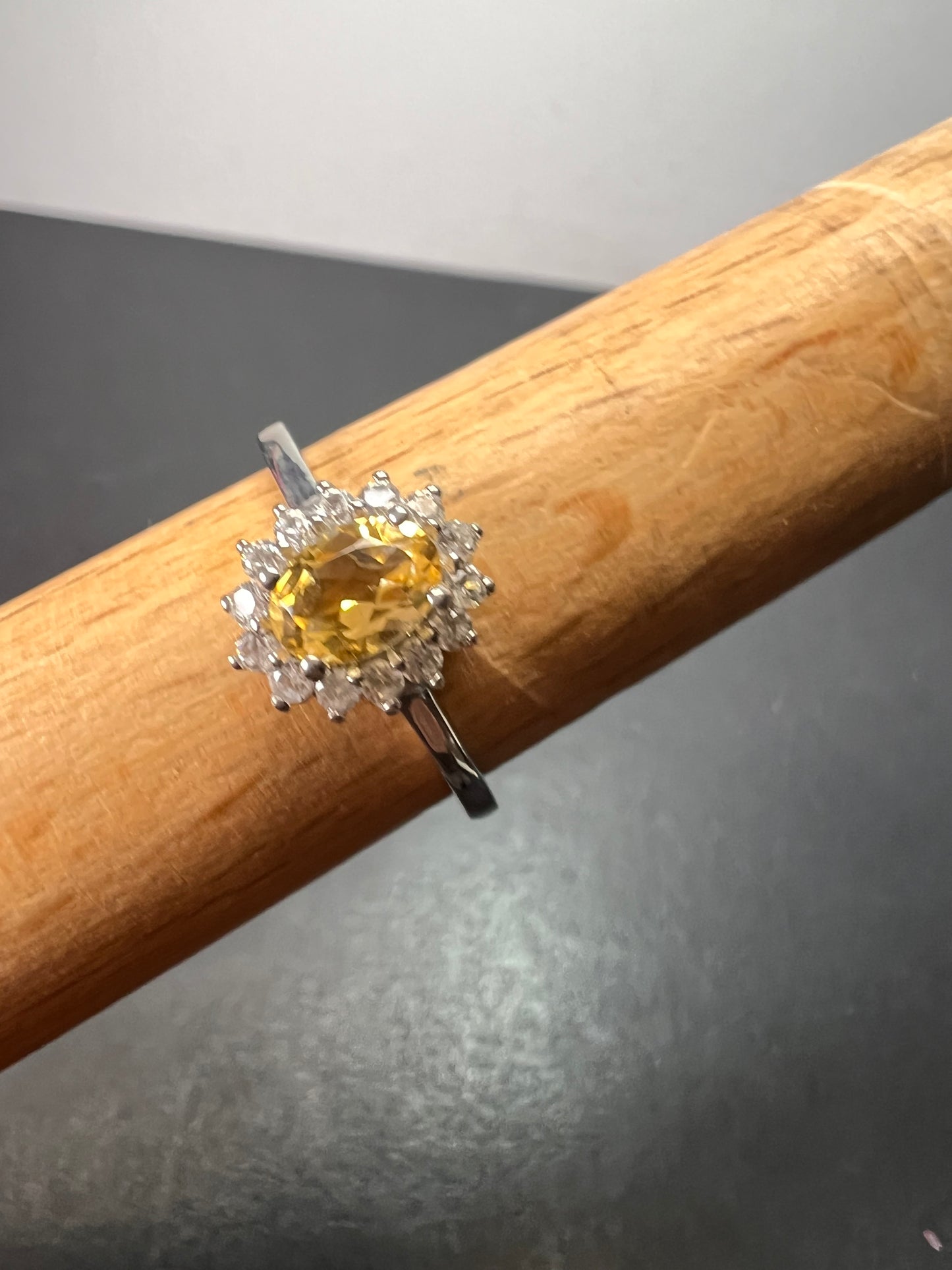 Brazilian citrine and zircon halo ring in platinum over sterling silver size 9 *NEW*