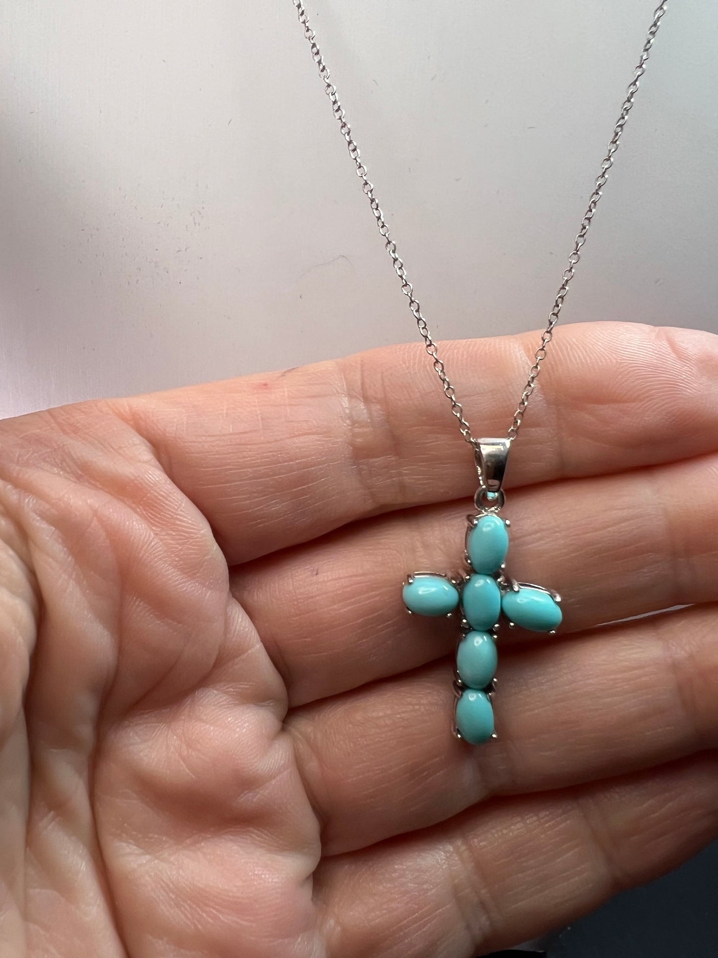 Sleeping Beauty turquoise cross pendant and chain  in rhodium over sterling silver necklace