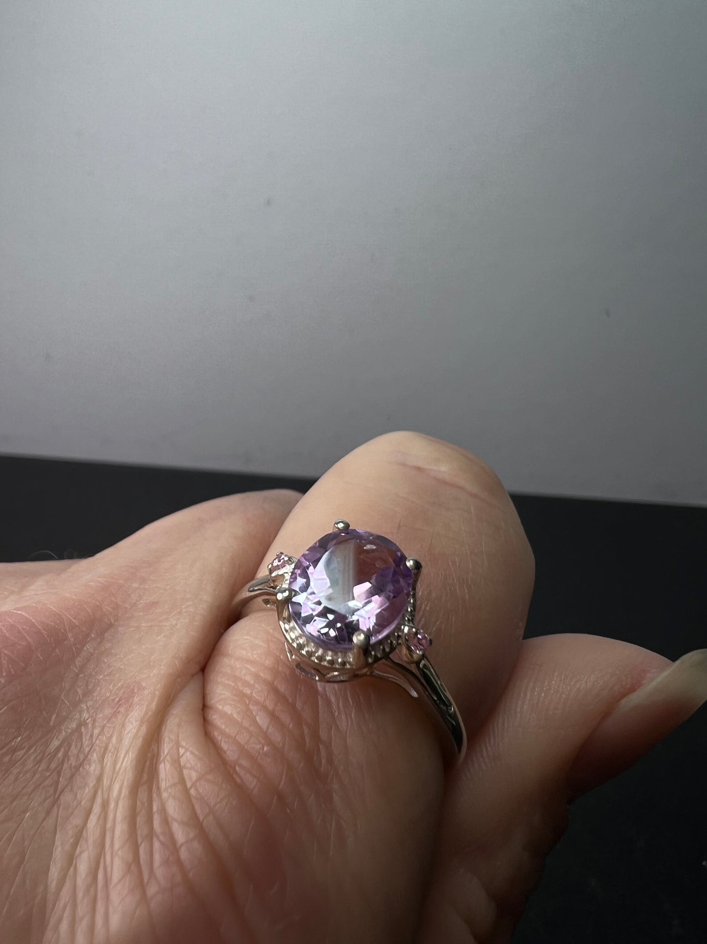 Amethyst and pink CZ sterling silver ring size 9