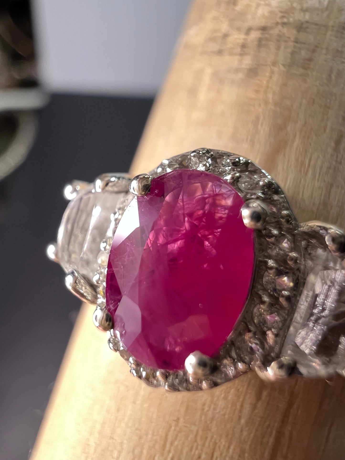 Ruby and white topaz sterling halo ring size 9