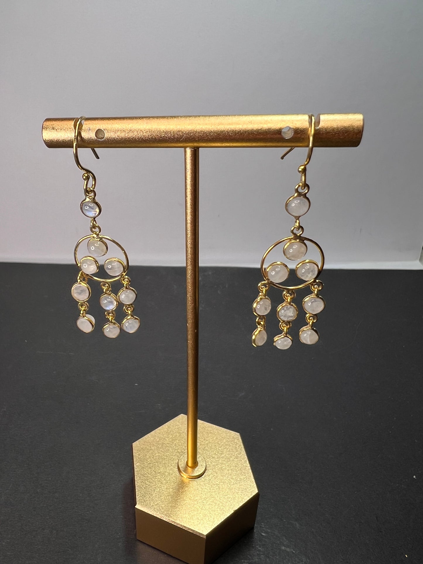 Rainbow moonstone gold over sterling silver chandelier earrings