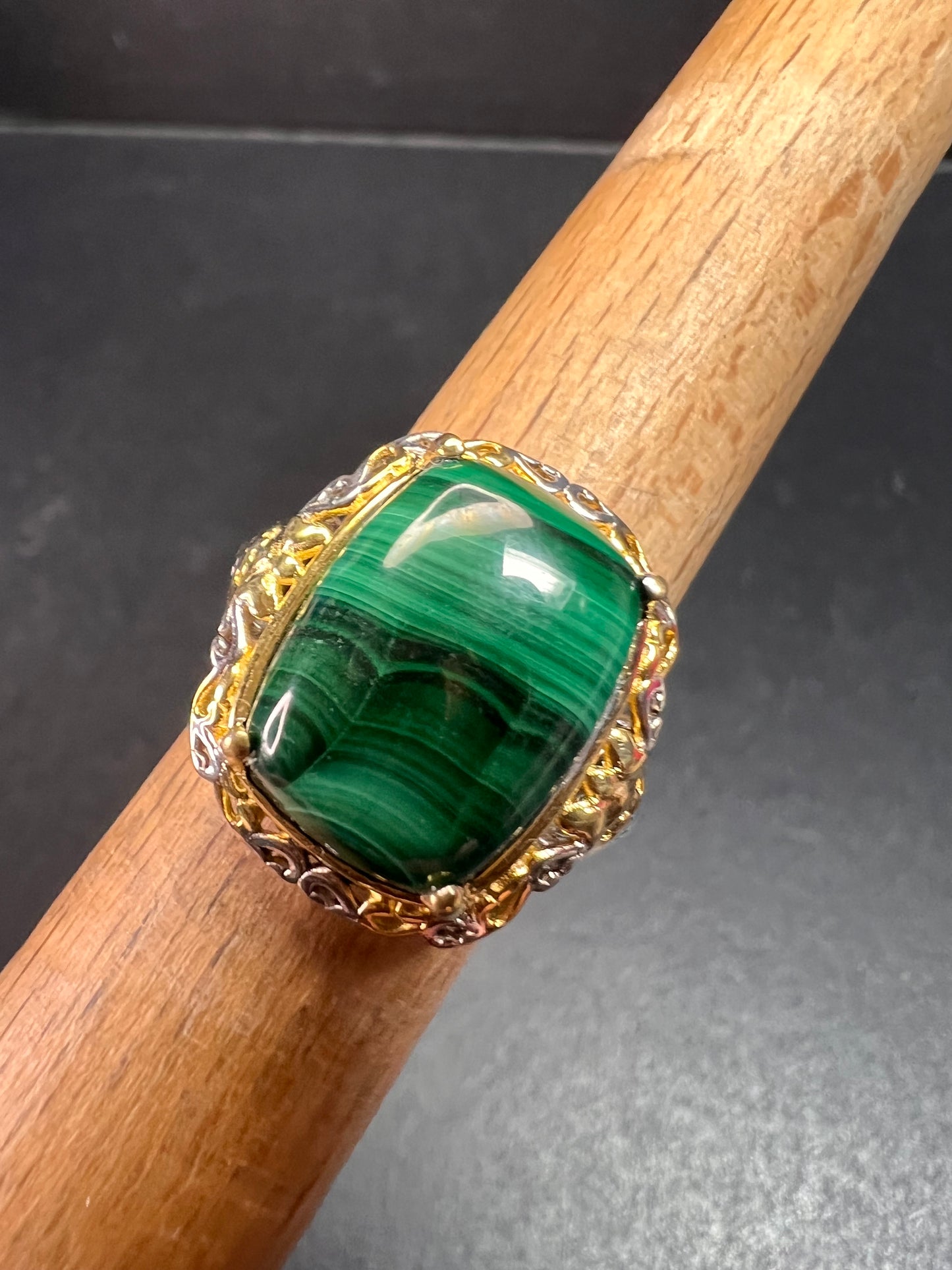 Karis Platinum & 18K Gold Plated Malachite Statement Ring Size 7