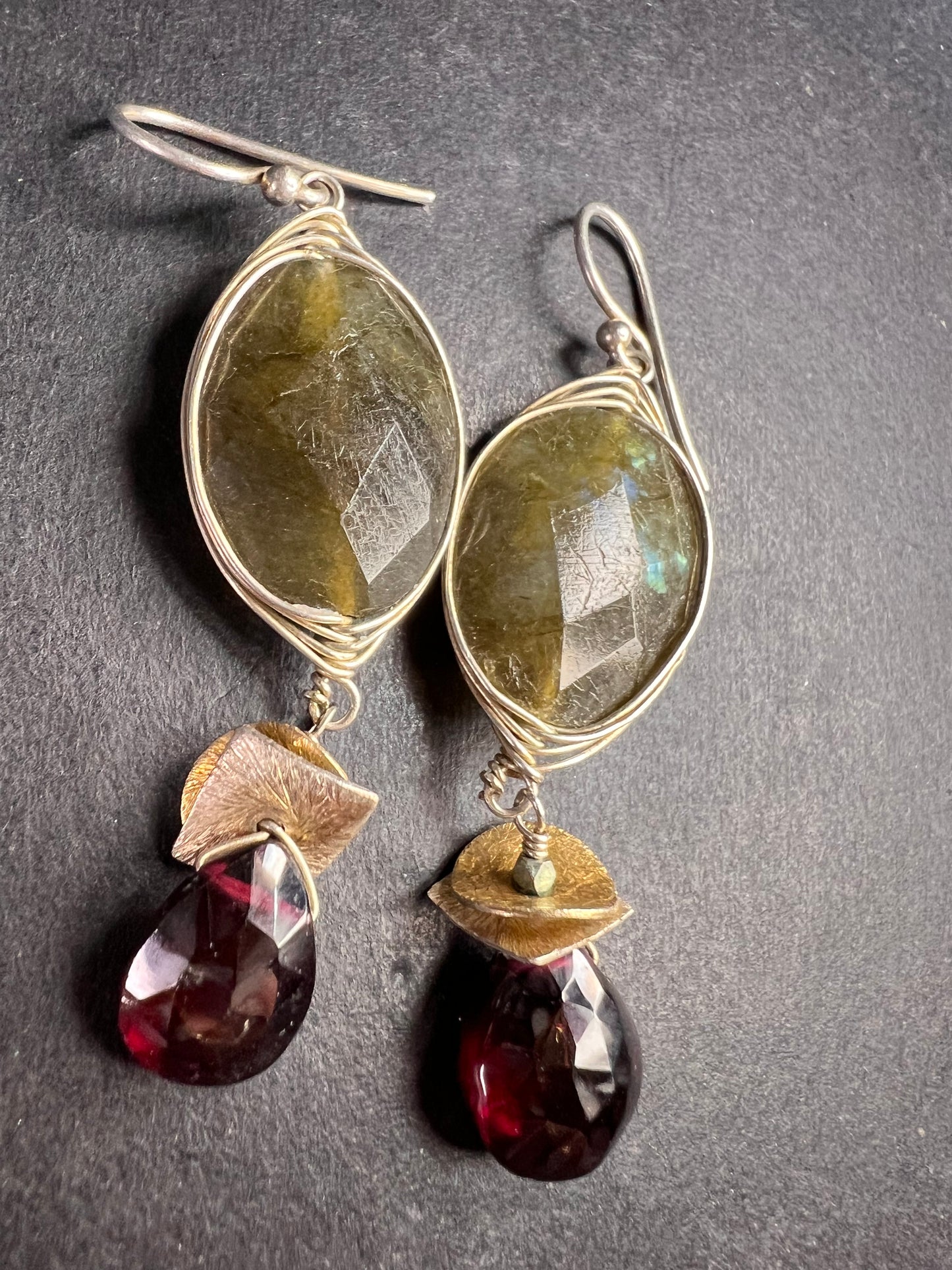 Labradorite and rhodolite garnet sterling silver dangle earrings