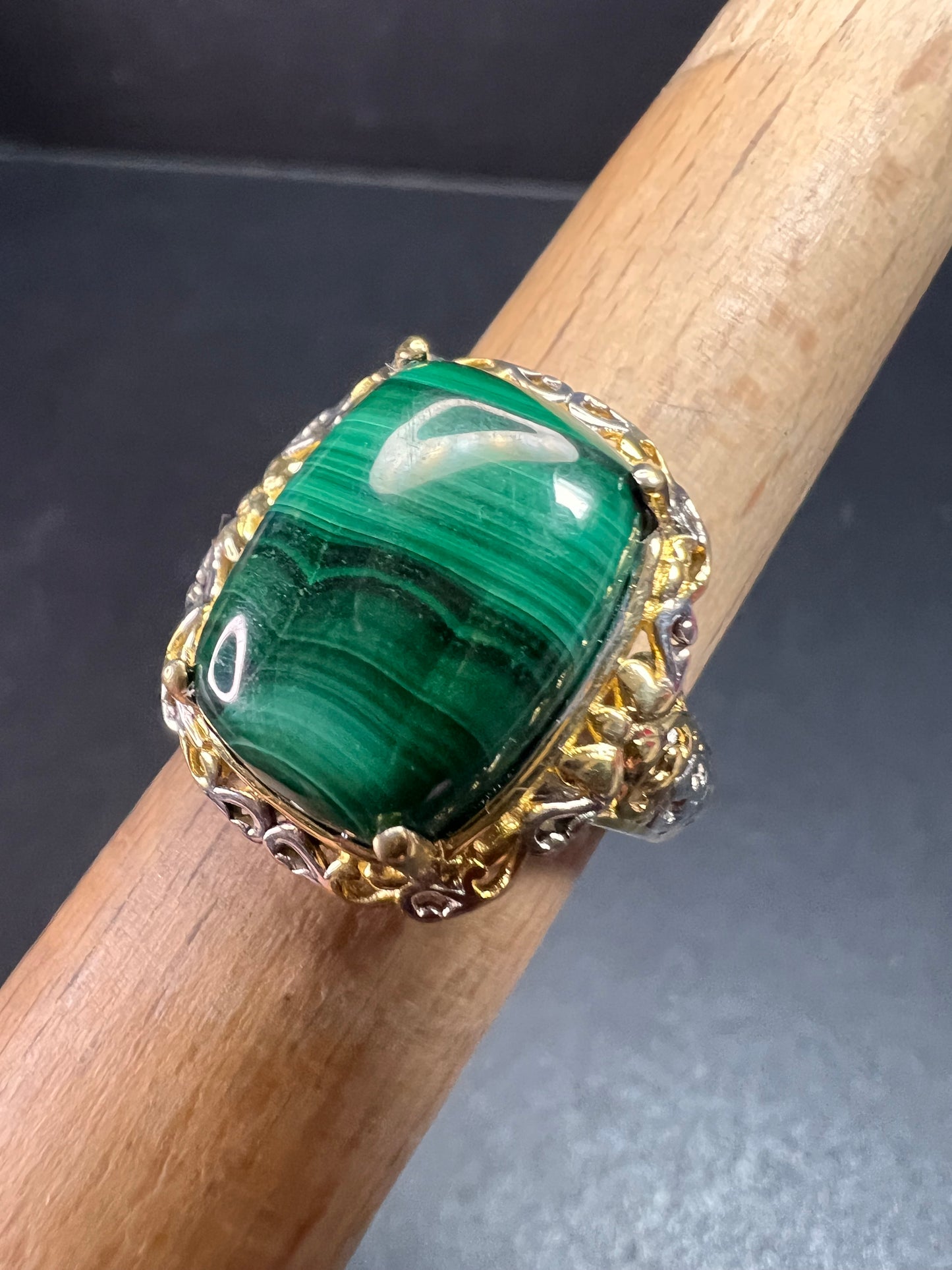 Karis Platinum & 18K Gold Plated Malachite Statement Ring Size 7