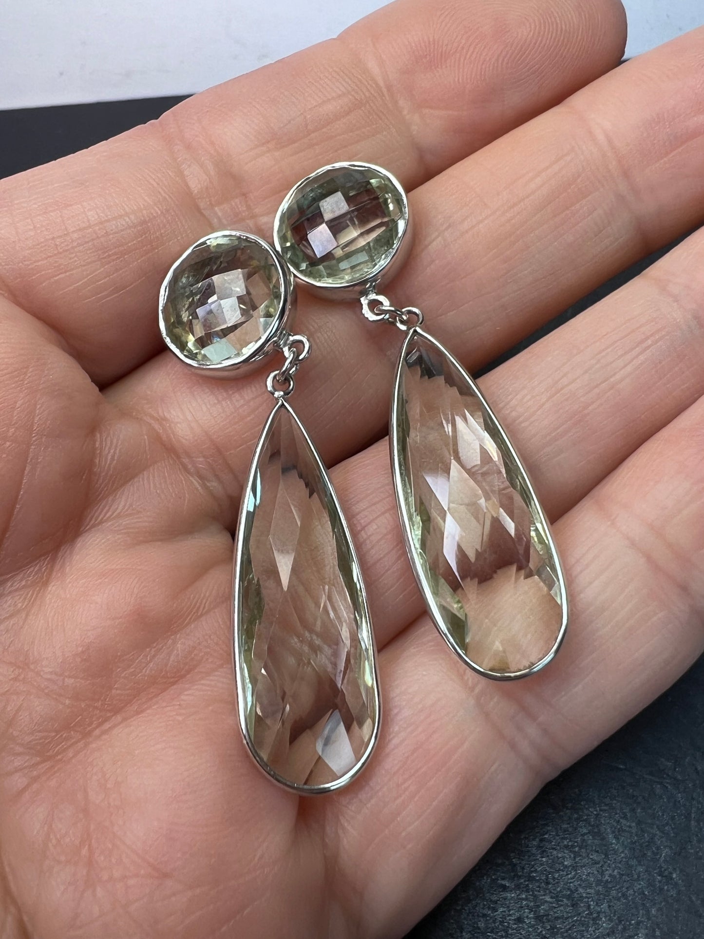 Green Prasiolite Rhodium Over Sterling Silver Dangle Earrings 30.00ctw