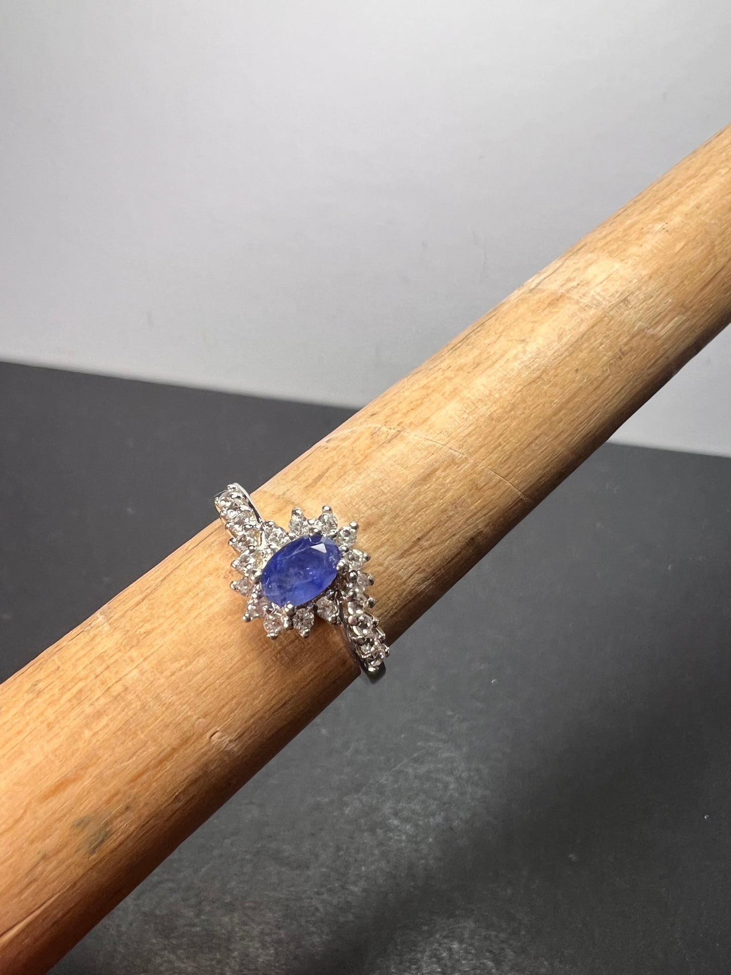 Blue sapphire and zircon ring in platinum over sterling silver size 7 *NEW*