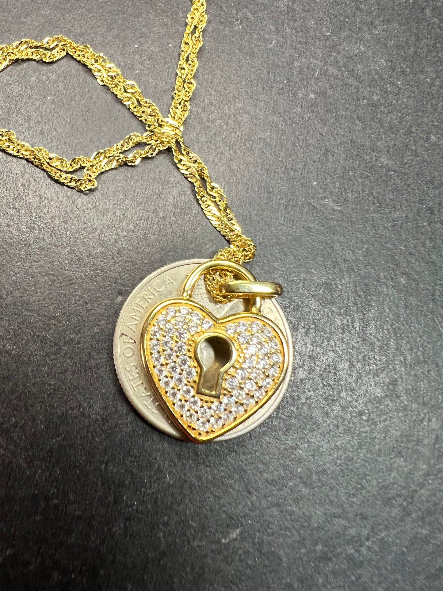 NEW Gold Plated Sterling Silver CZ Heart Lock Necklace 18”