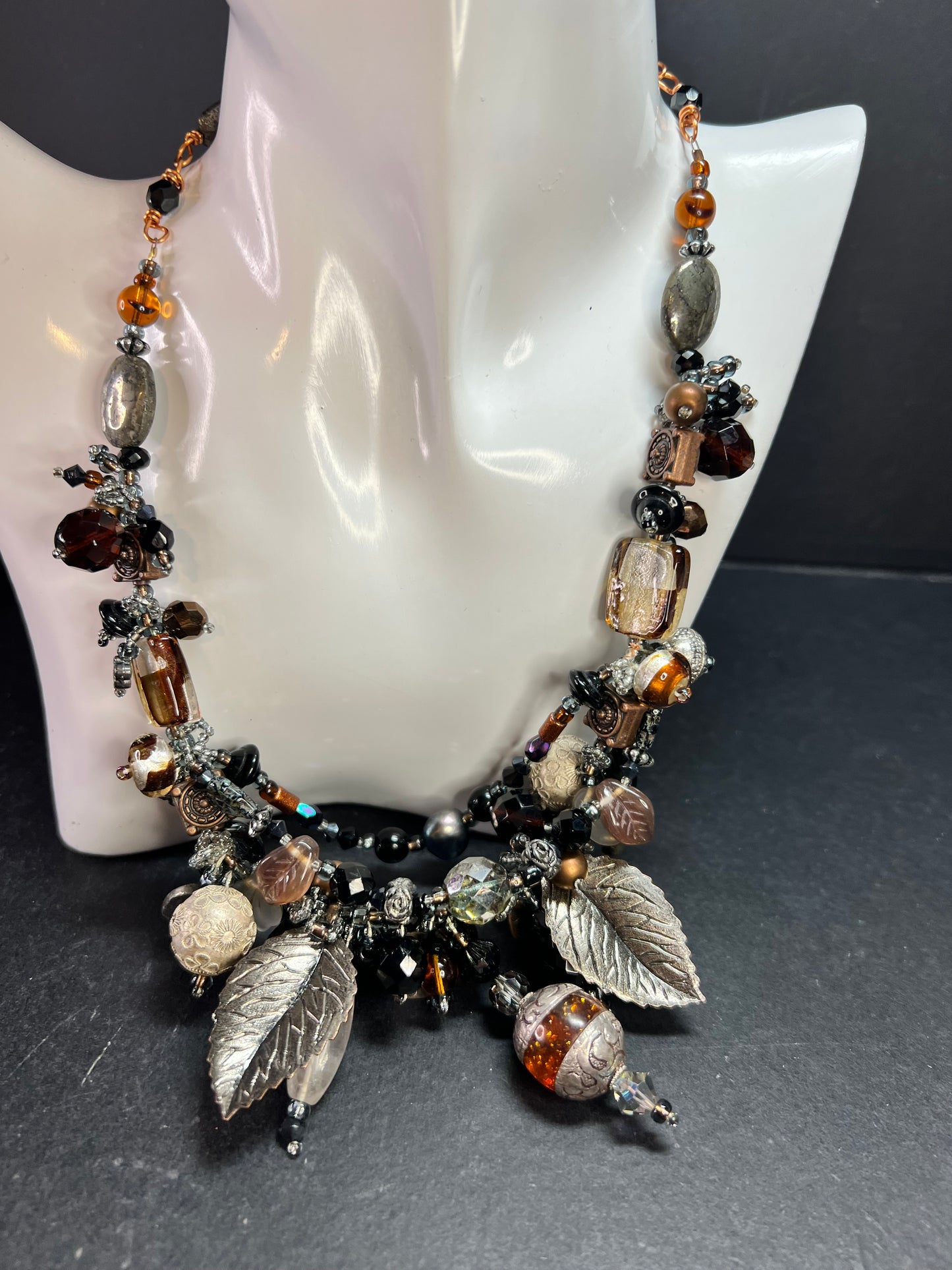 Artisan Copper Wire Necklace Glass Onyx Pyrite Amber Pearl 17”