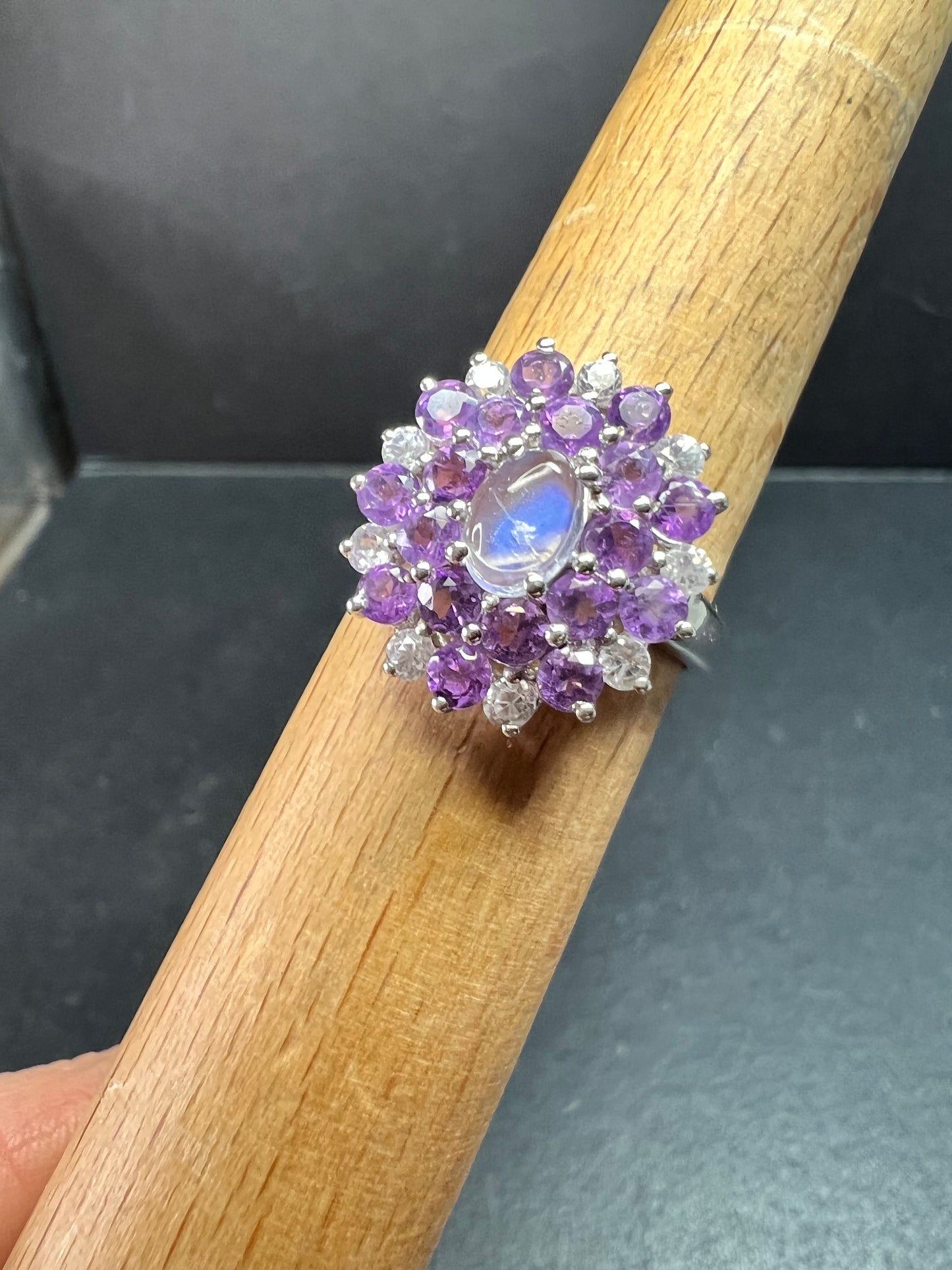 Rainbow Moonstone Amethyst White Topaz Sterling Ring Sz 9