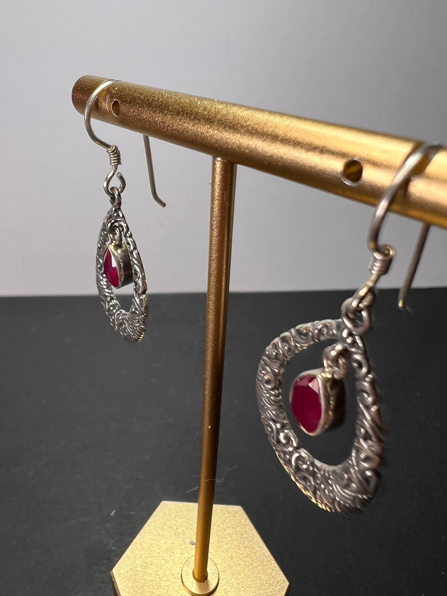 Ruby sterling silver open tear drop earrings