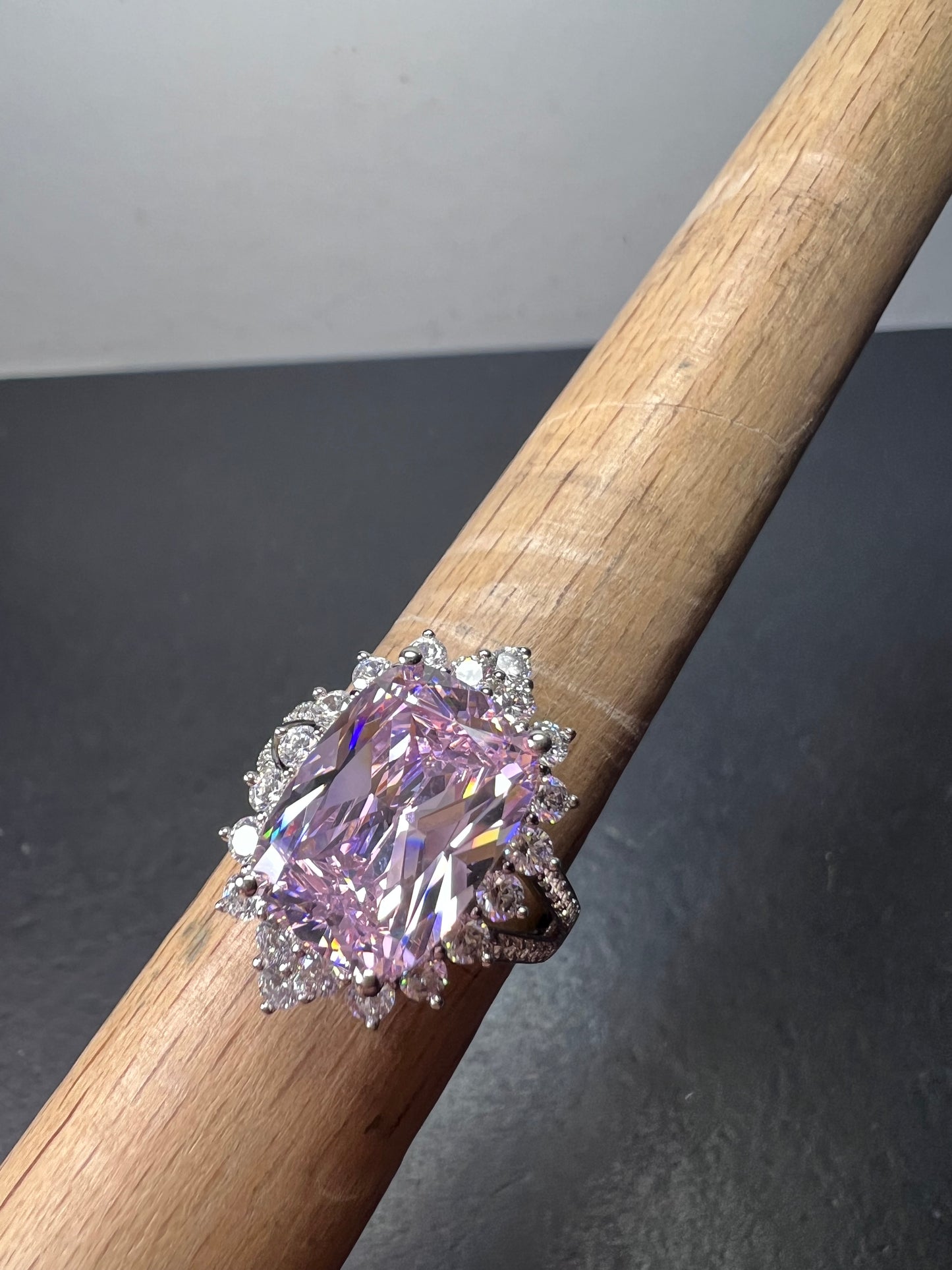 Pink and white CZ sterling silver halo ring size 8