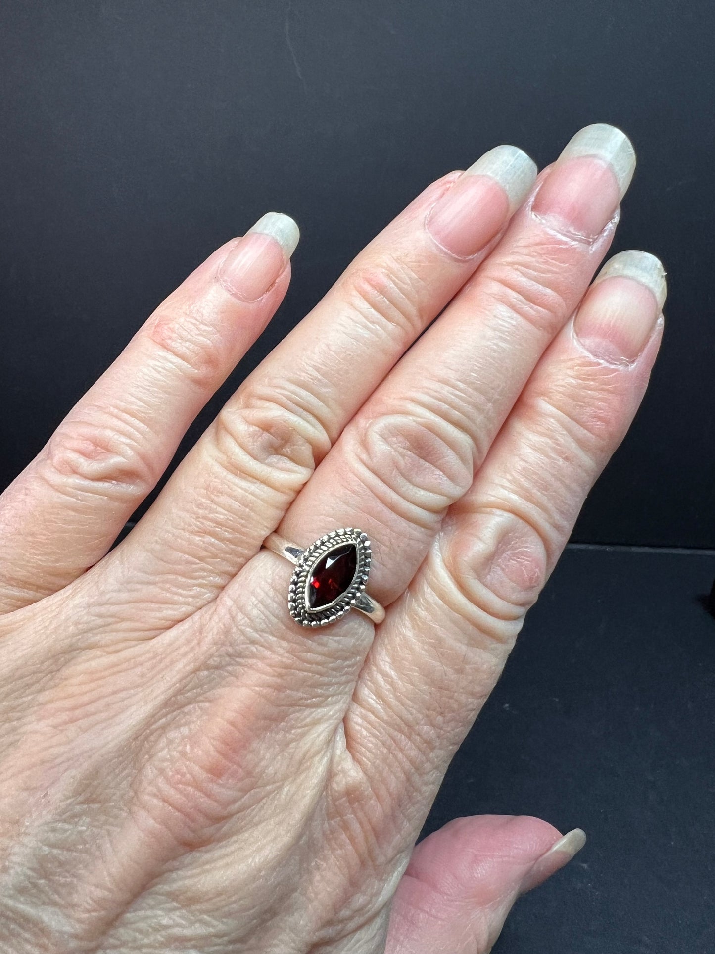 Red garnet marquise gemstone sterling silver ring size 8