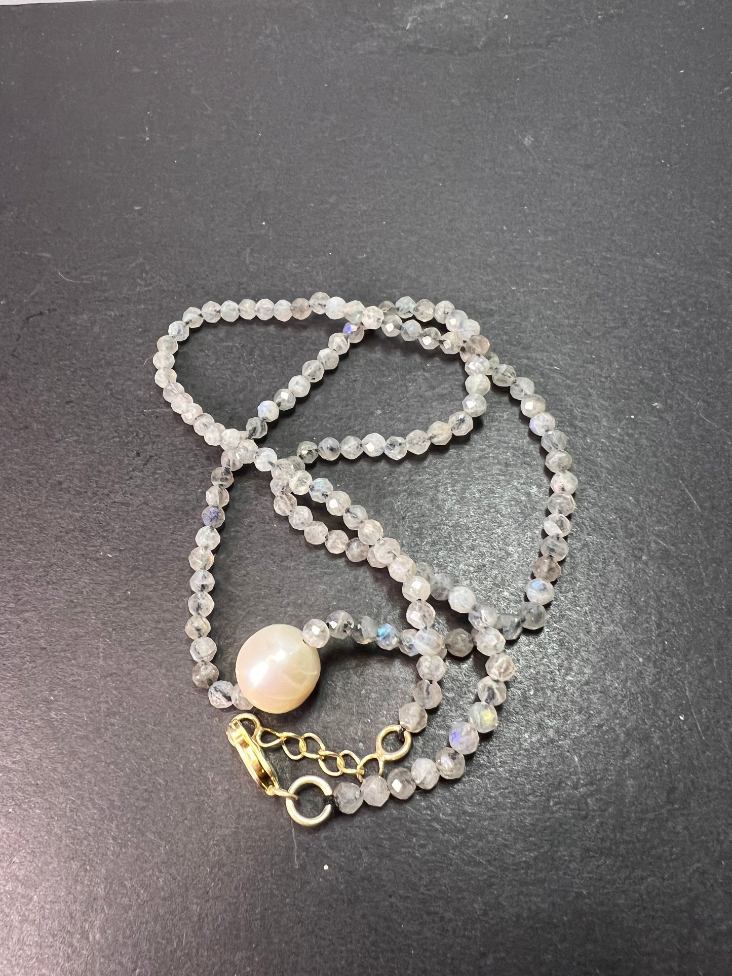 Labradorite and cultured pearl necklace with sterling silver lobster claw clasp