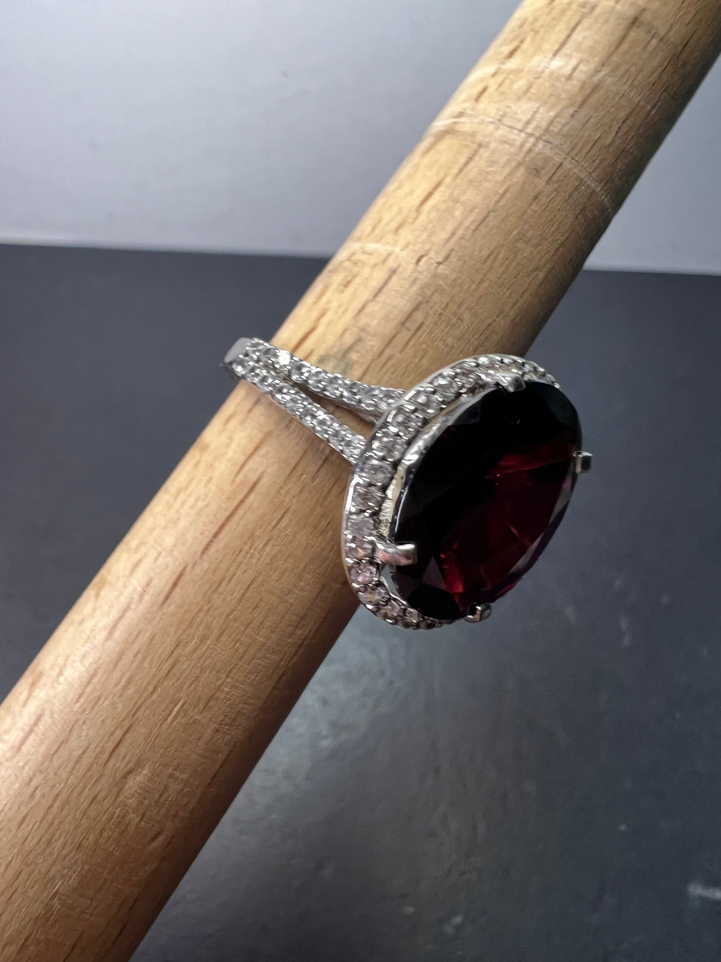 Garnet and zircon sterling silver halo ring size 9