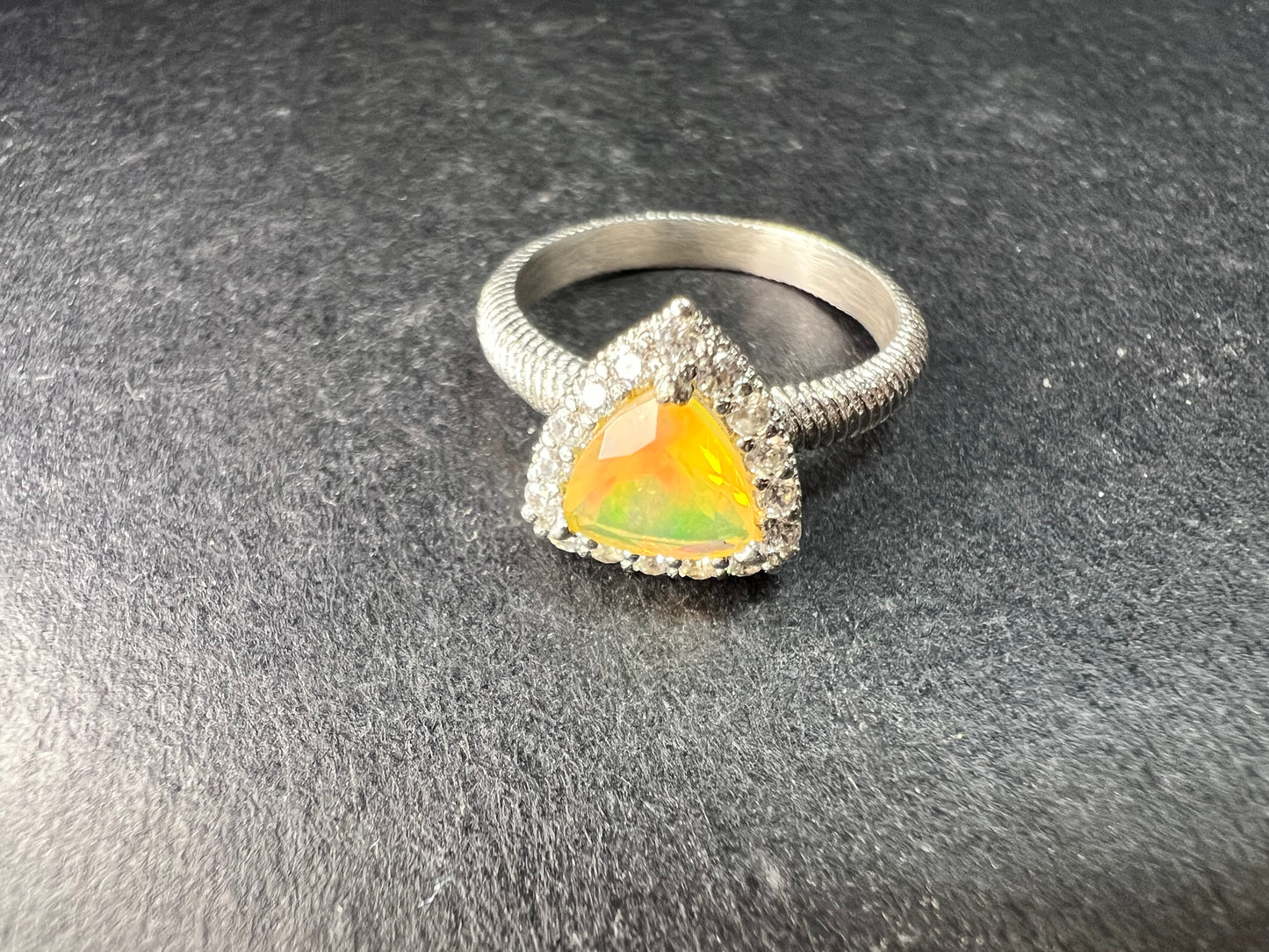 Ethiopian Opal Halo Ring Sterling Silver Size 7 Trillion Cut