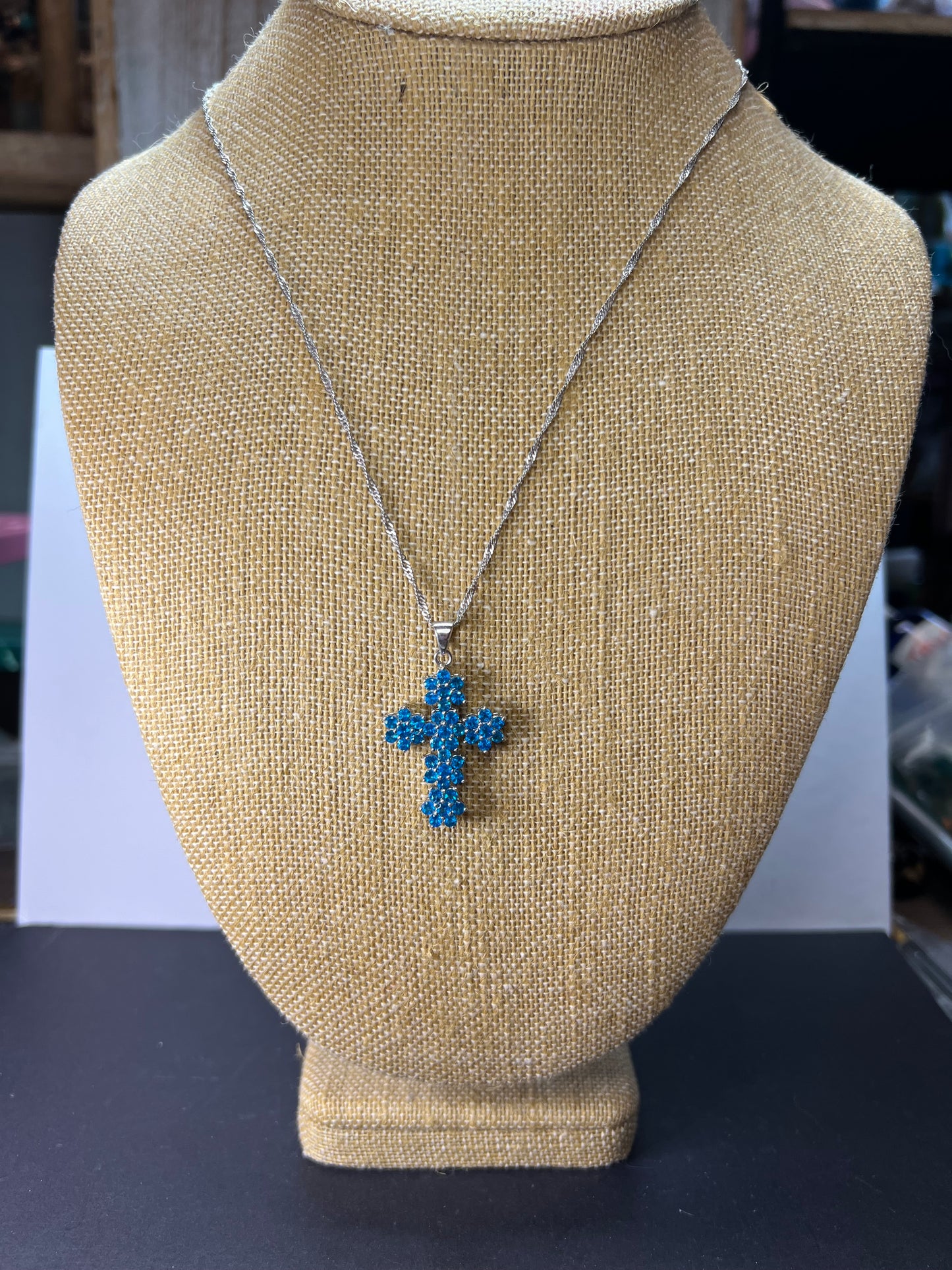 Blue Apatite Rhodium Over Sterling Silver Cross Pendant With Chain 3.25ctw