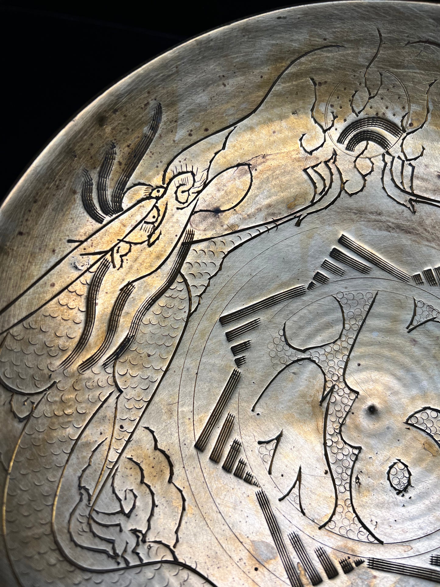 Antique 1920s Chinese Etched Brass Dragon Bowl - 10” Hand Engraved MCM Decor