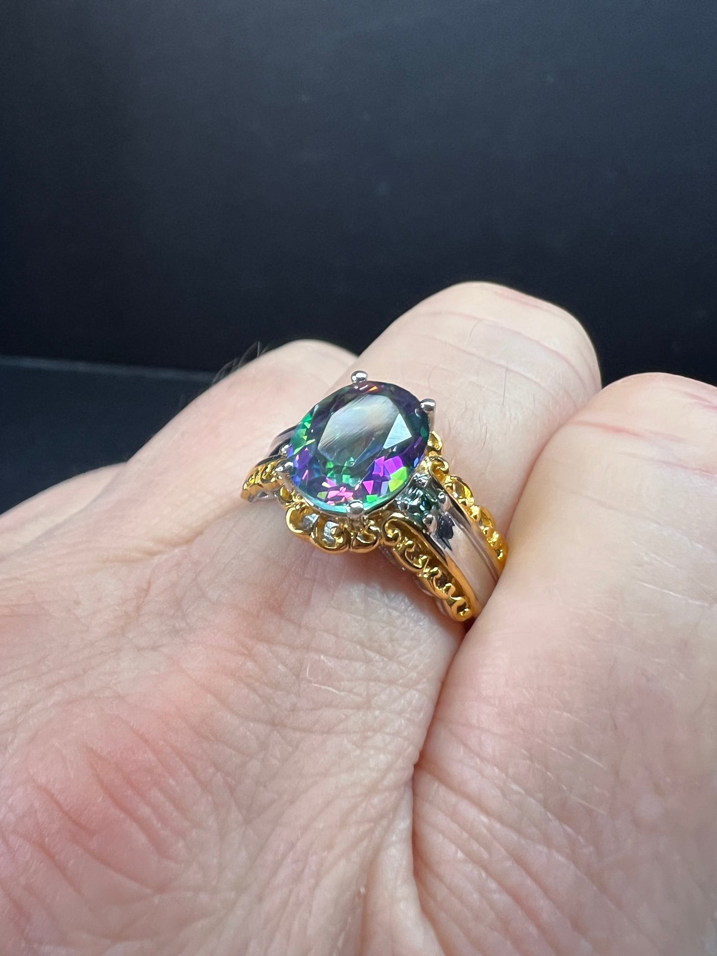 NEW green mystic topaz two toned sterling silver ring size 8