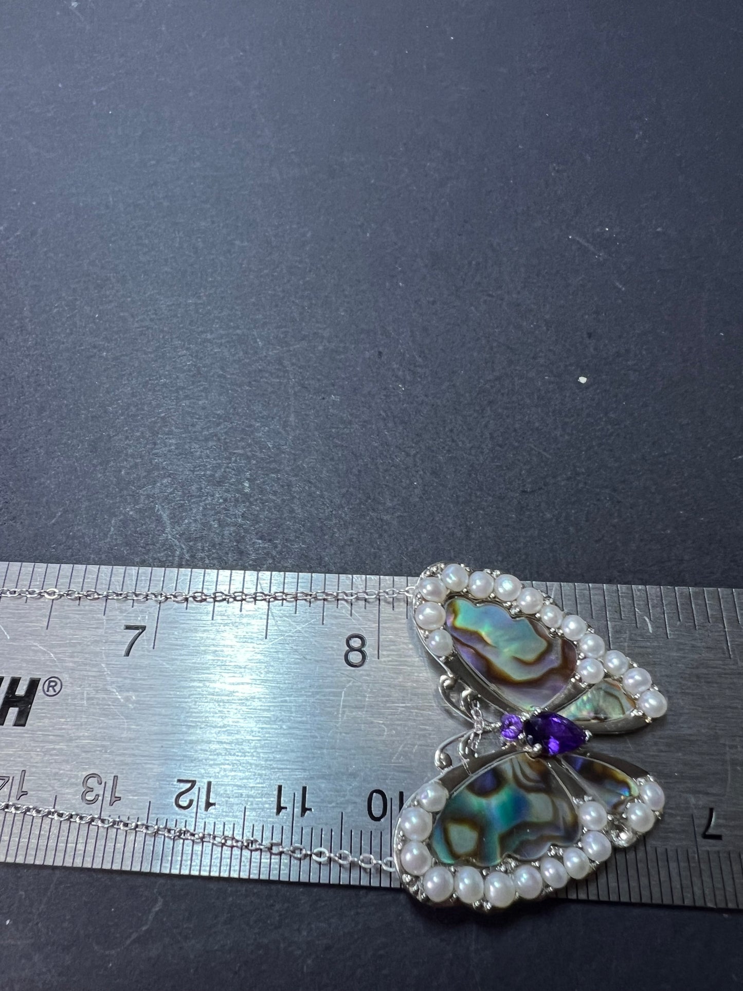 Abalone, amethyst and pearl butterfly sterling silver necklace