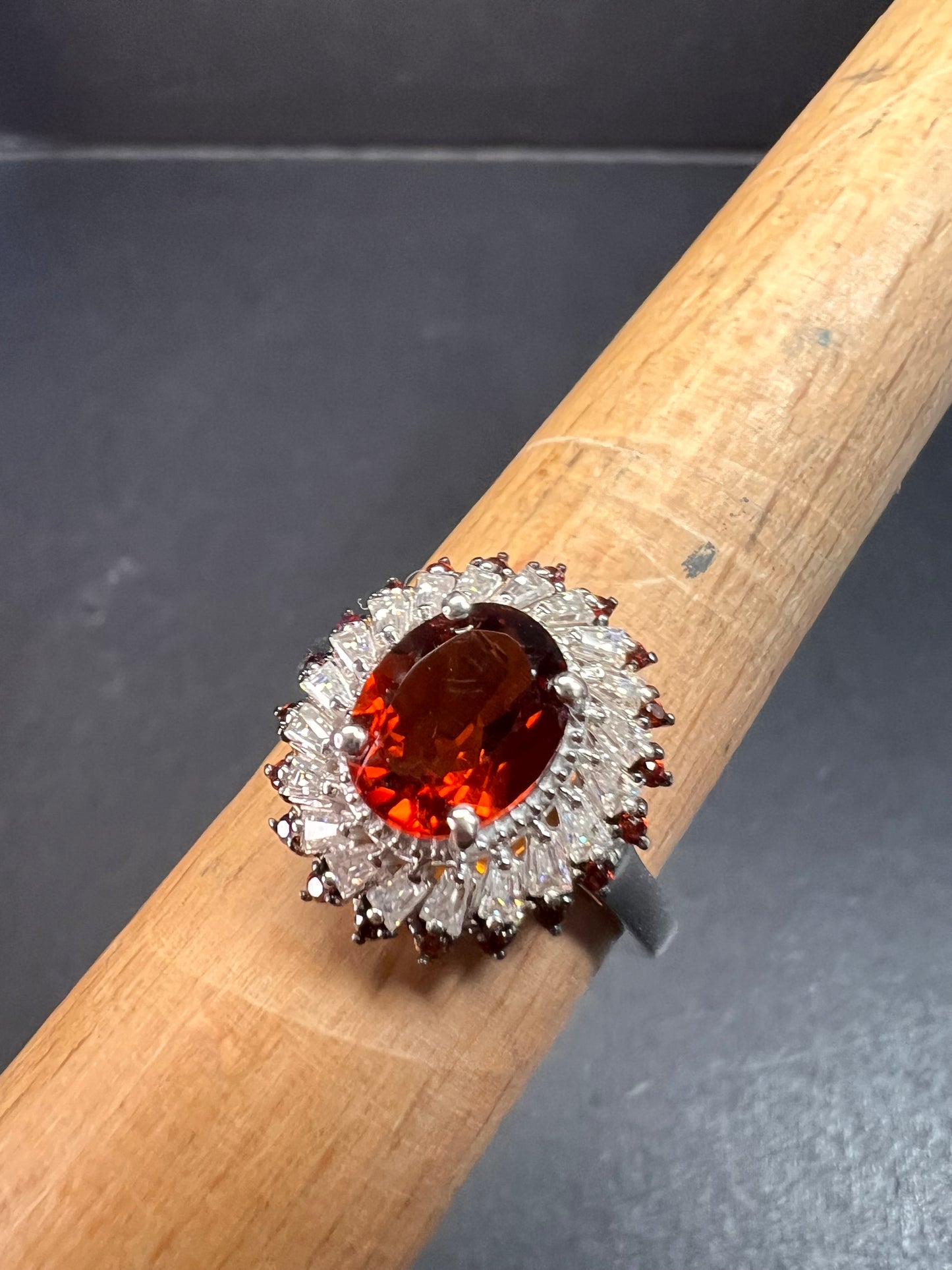 NEW Cherry citrine and Moissanite halo ring in platinum over sterling silver size 8