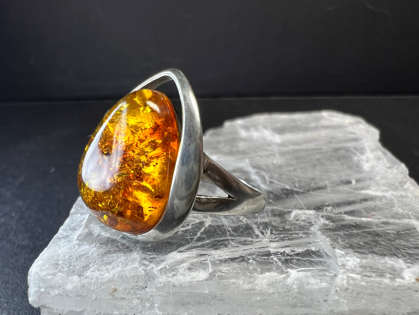 Sterling Silver Baltic Amber Ring Size 8 Teardrop Cabochon