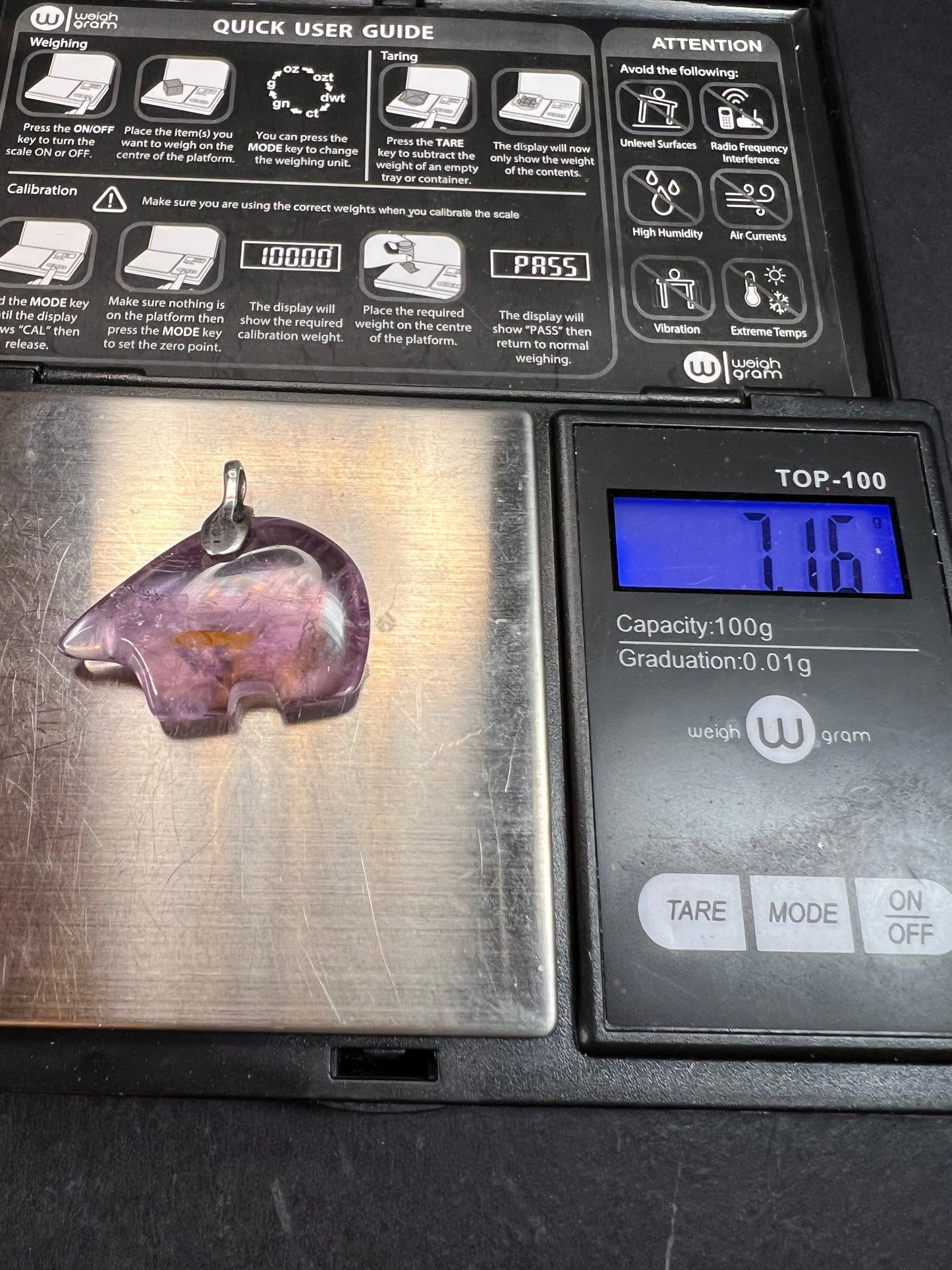 Vintage Sterling Silver Natural Amethyst Bear Pendant 7.16g