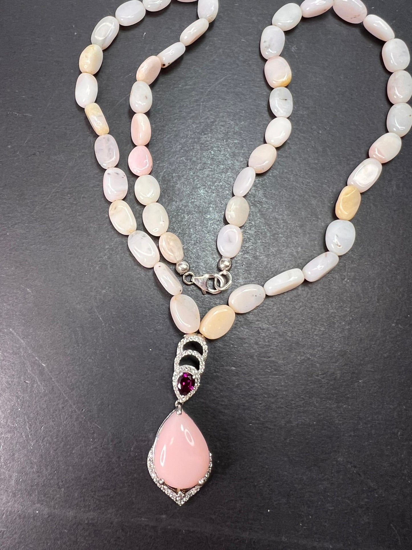 Peruvian pink opal and raspberry rhodolite garnet sterling silver necklace