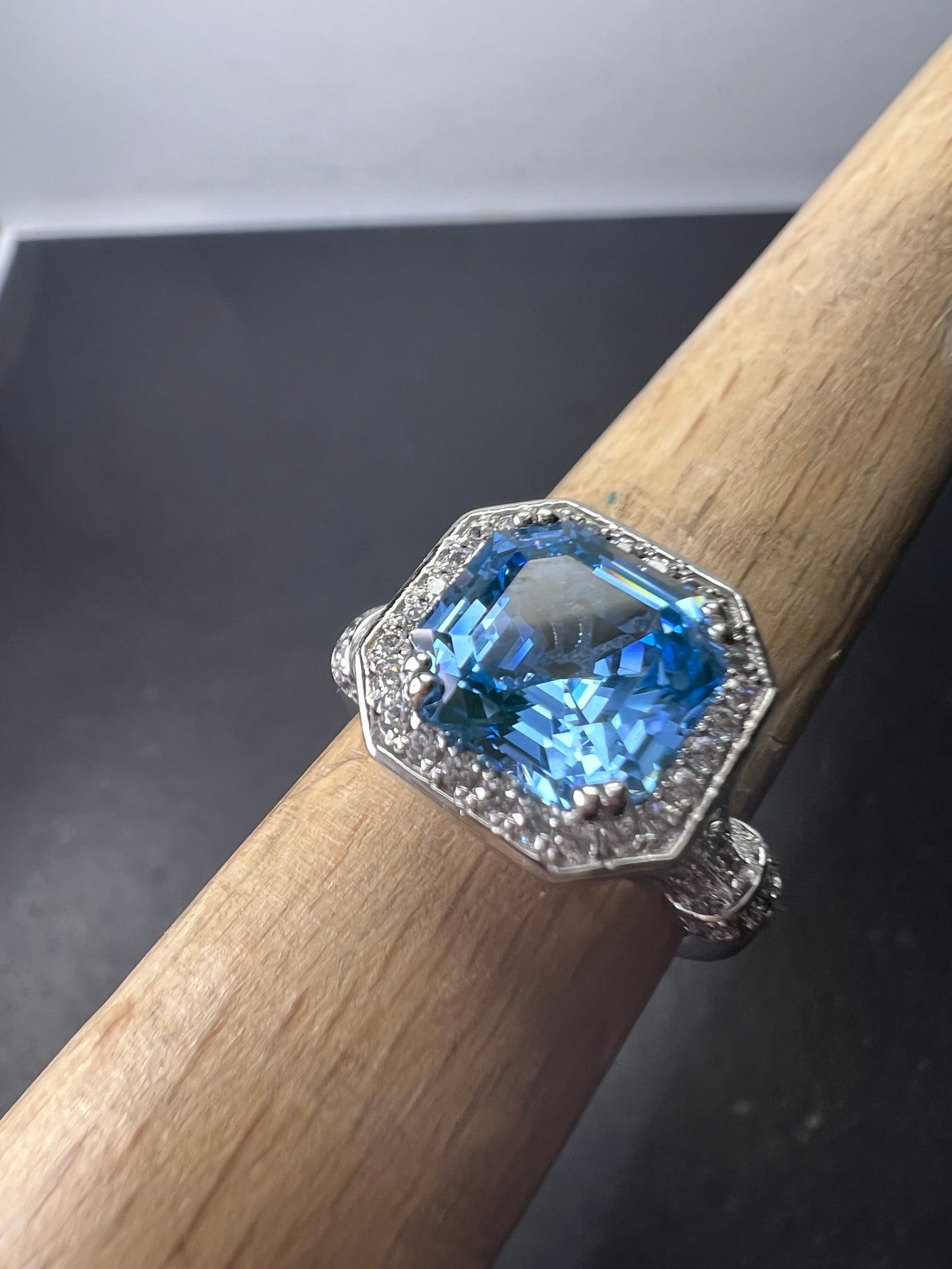 Blue zircon and CZ sterling silver cocktail ring size 7