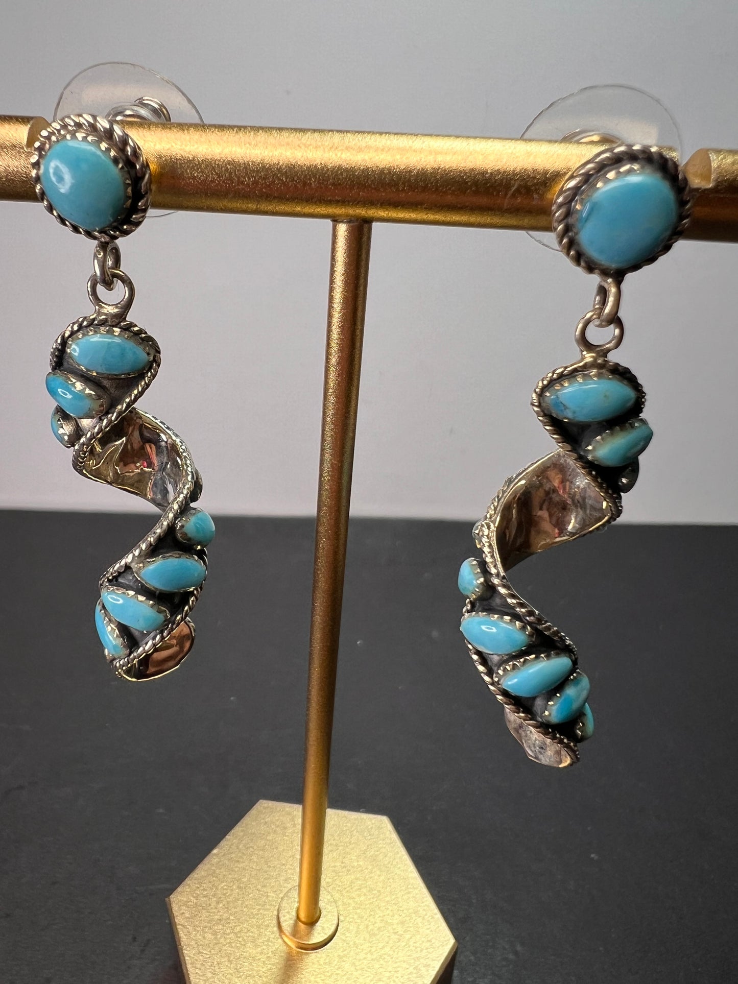 Santa Fe style Kingman turquoise swirl twisted drop sterling silver earrings