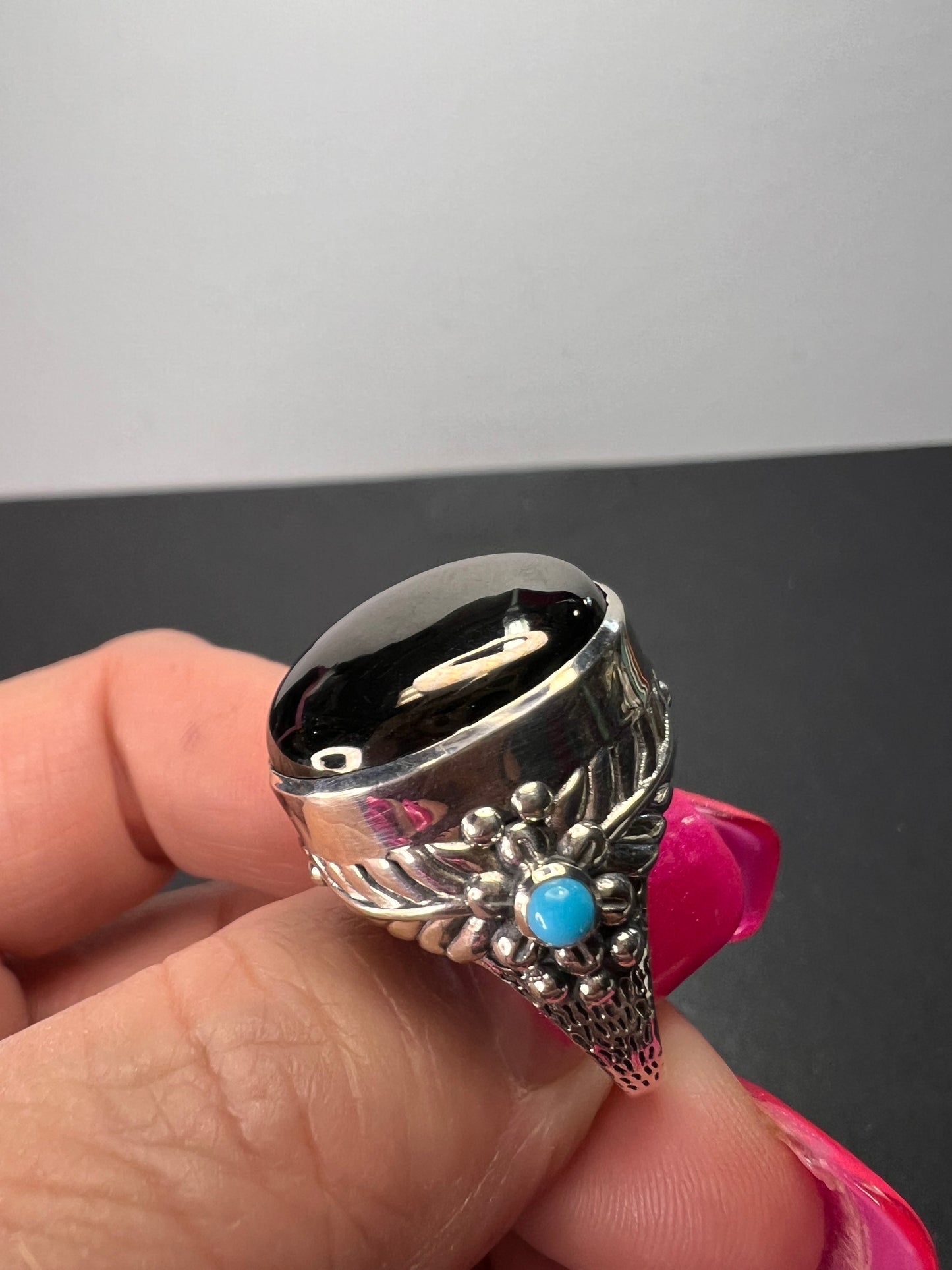 Elite shungite and sleeping beauty turquoise southwest style feather ring in sterling silver size 7 *NEW*