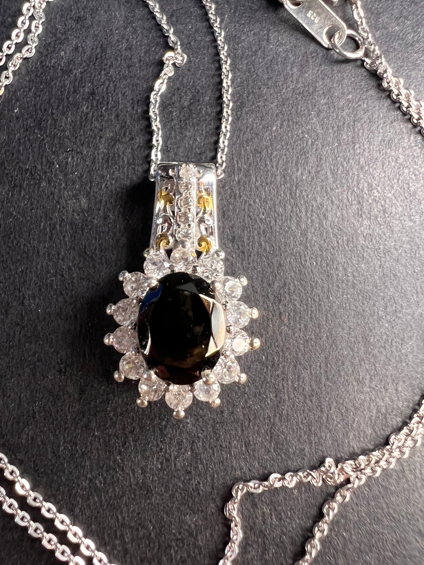 NEW elite Shungite and zircon pendant and chain in vermeil and rhodium over sterling silver