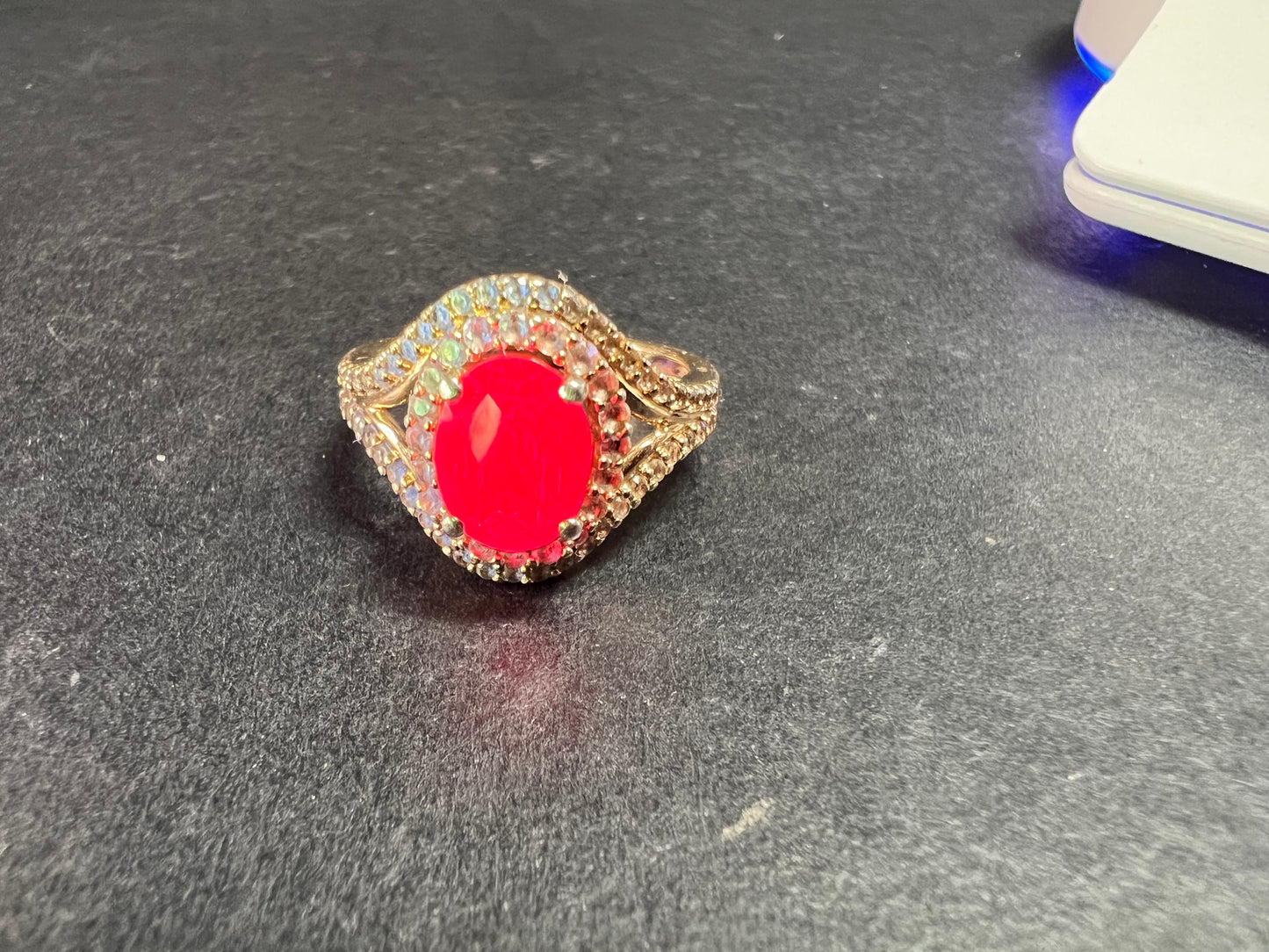 Lab Ruby and topaz halo ring in gold over sterling silver size 7