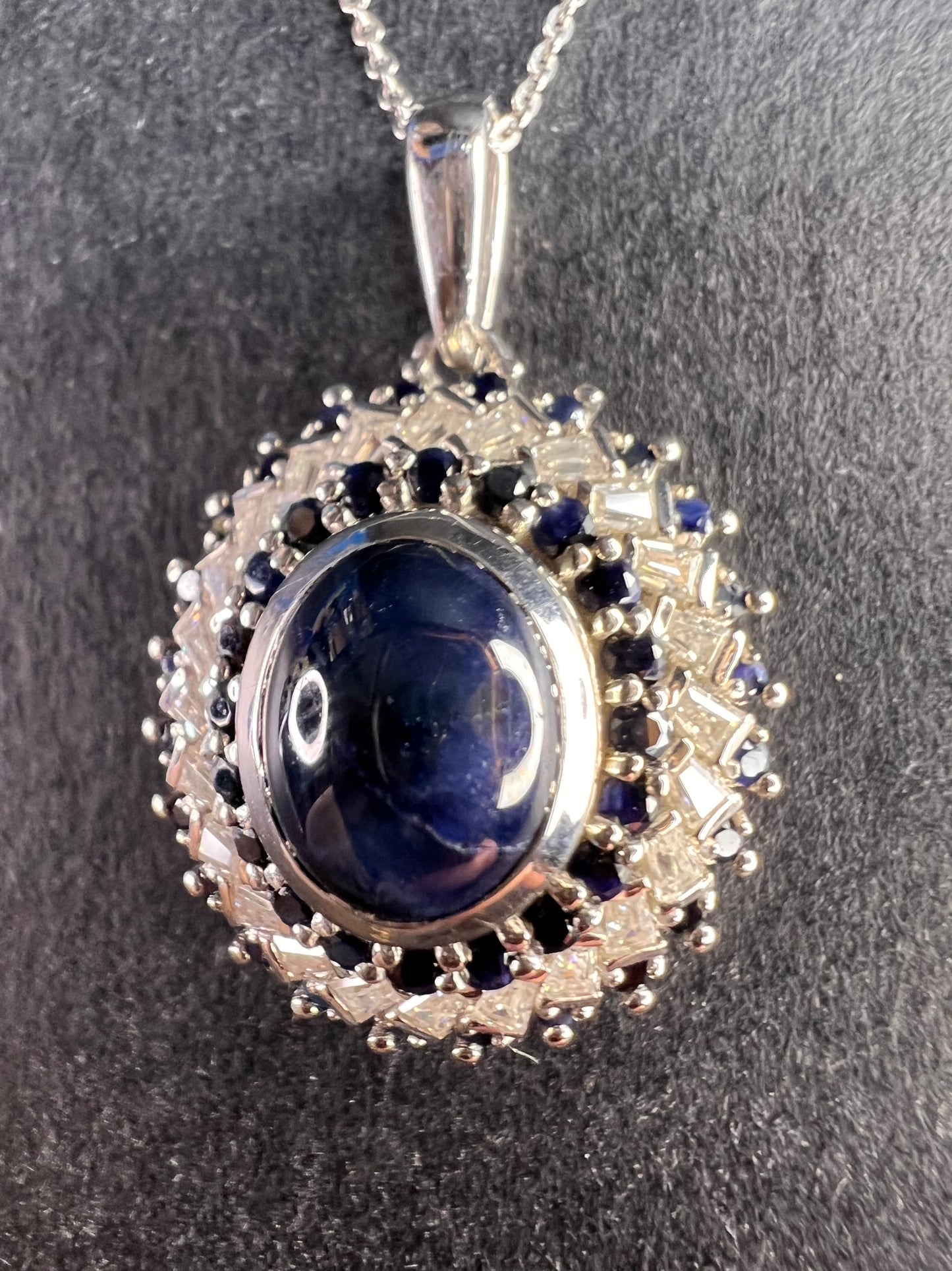 NEW Blue star sapphire and moissanite sterling silver halo pendant necklace