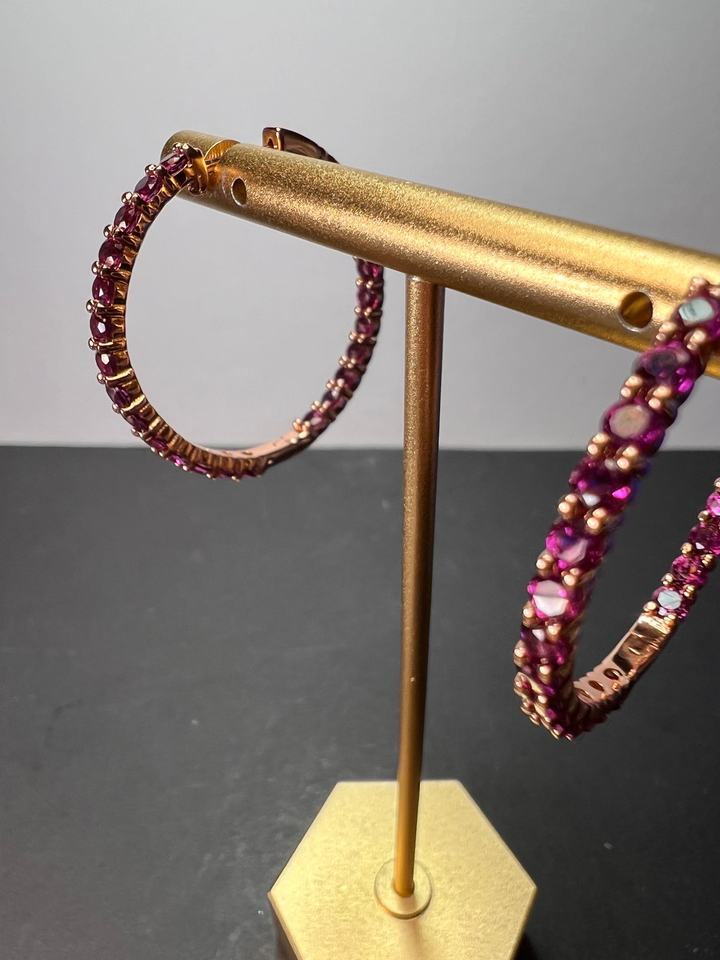 Raspberry rhodolite garnet inside out hoop rose gold over sterling silver earrings