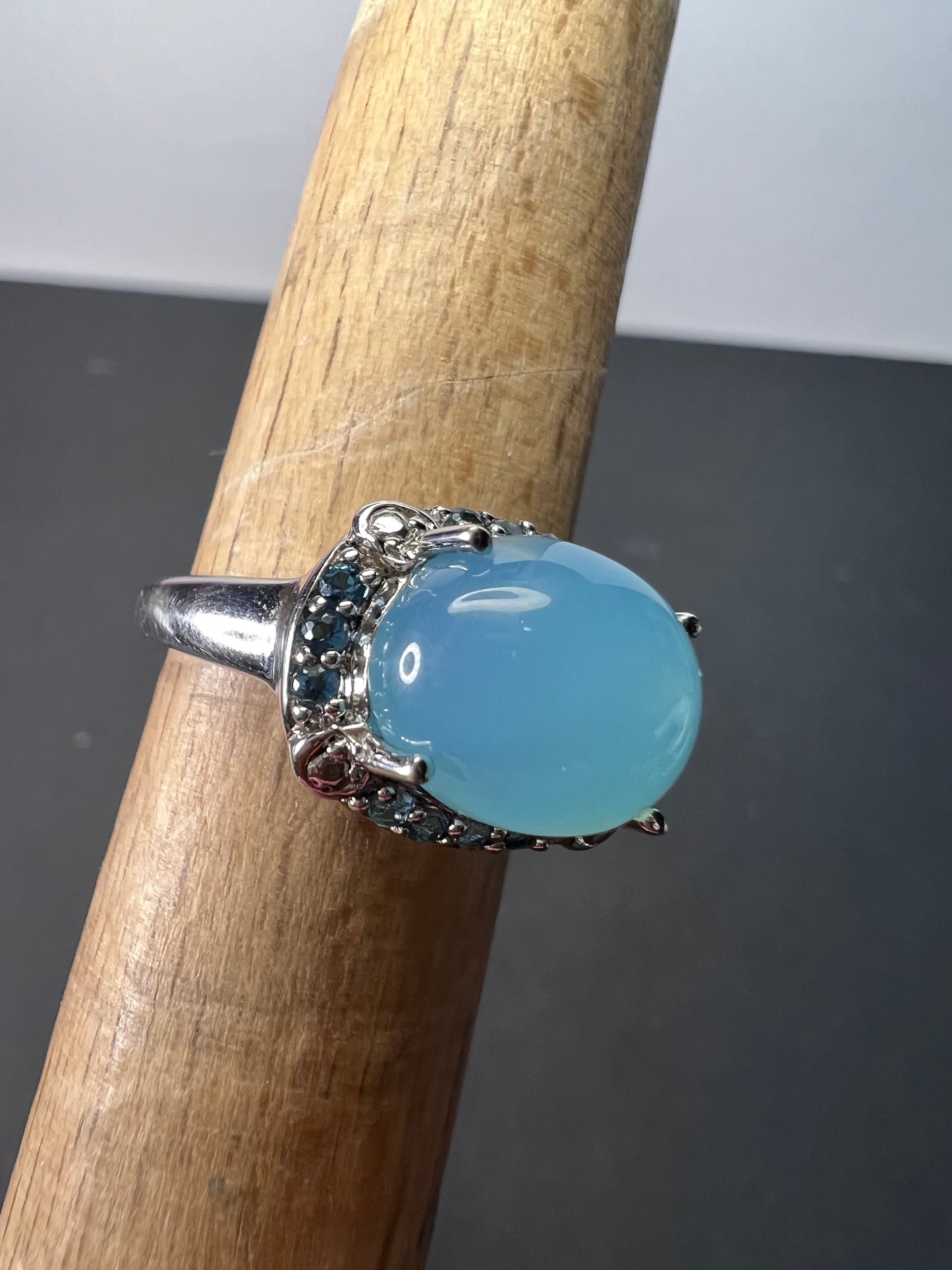 Aqua blue chalcedony blue topaz sterling silver halo ring size 7