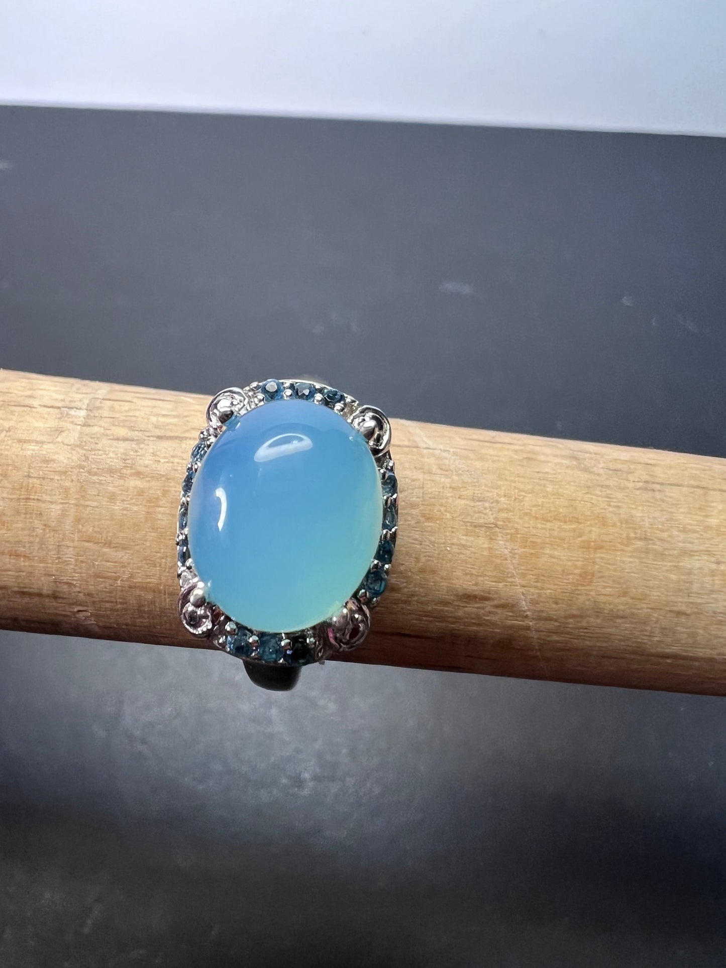 Aqua blue chalcedony blue topaz sterling silver halo ring size 7