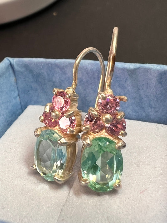 Aqua spinel and pink CZ sterling silver earrings by HAN