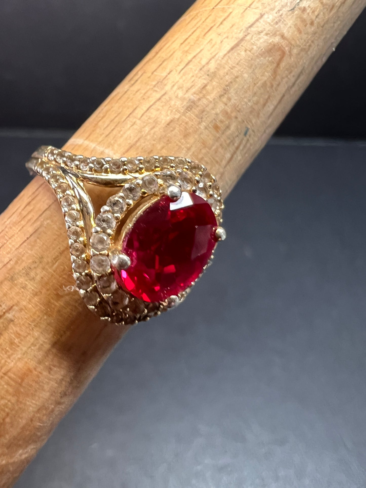 Lab Ruby and topaz halo ring in gold over sterling silver size 7