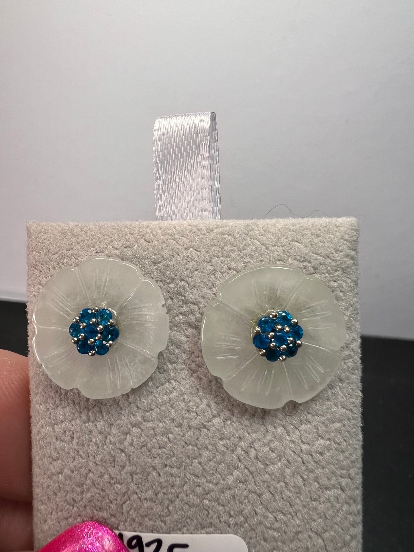 White Jade and neon blue apatite flower earrings in sterling silver