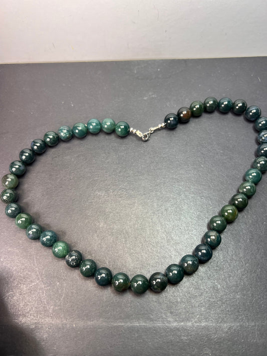 Moss agate 18 inch beaded necklace with sterling silver clasp