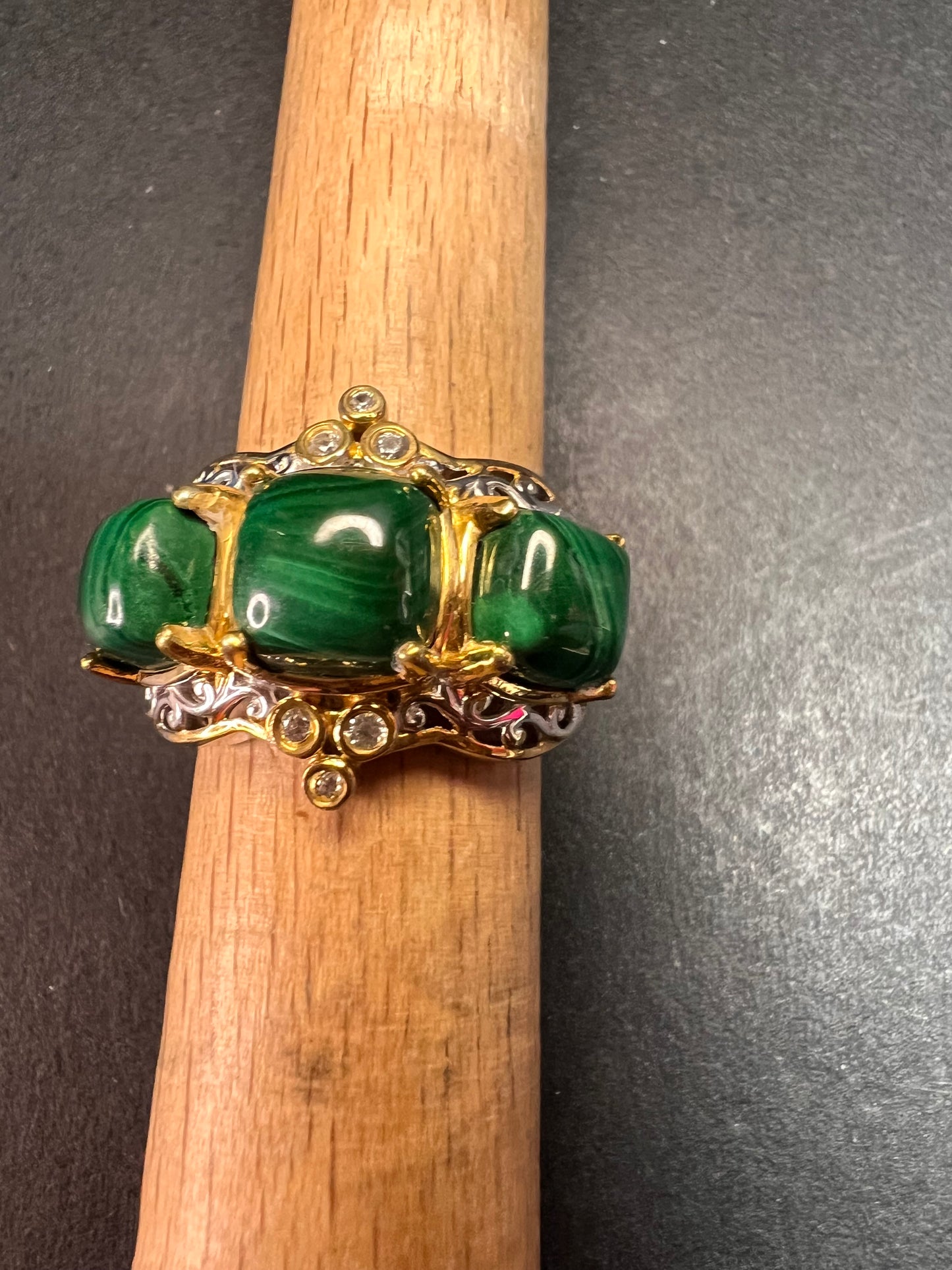 NEW Malachite and zircon two toned ring in vermeil and rhodium over sterling silver size 7