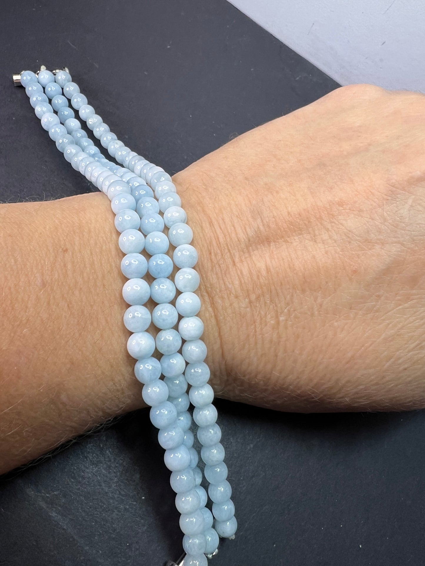 Triple strand beaded aquamarine bracelet with sterling silver slide clasp *NEW*