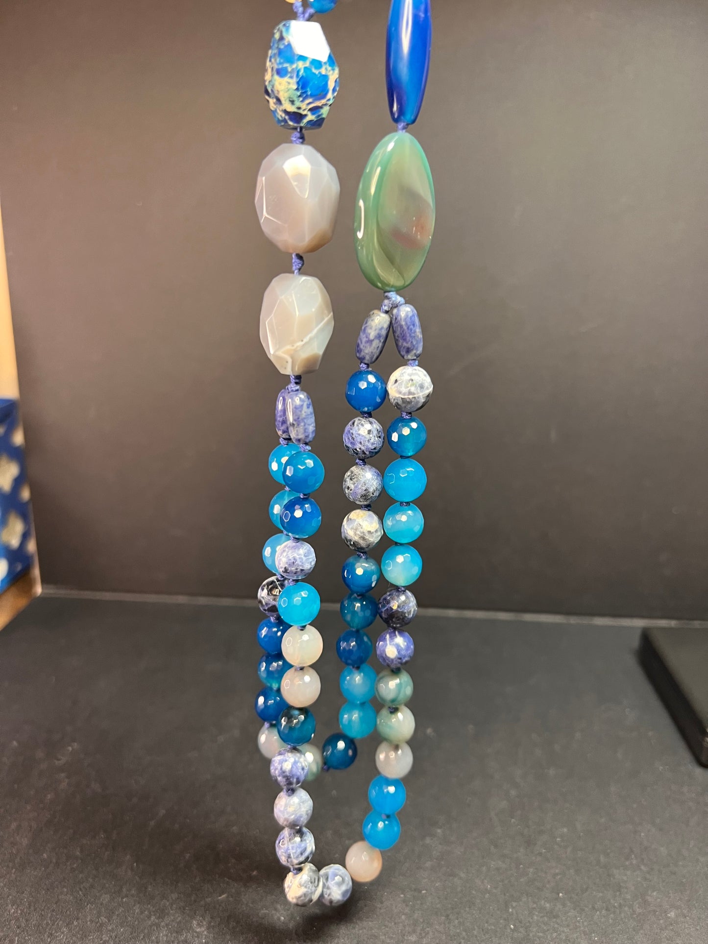 NEW multi blue semi precious stone station 36 inch necklace with sterling silver clasp