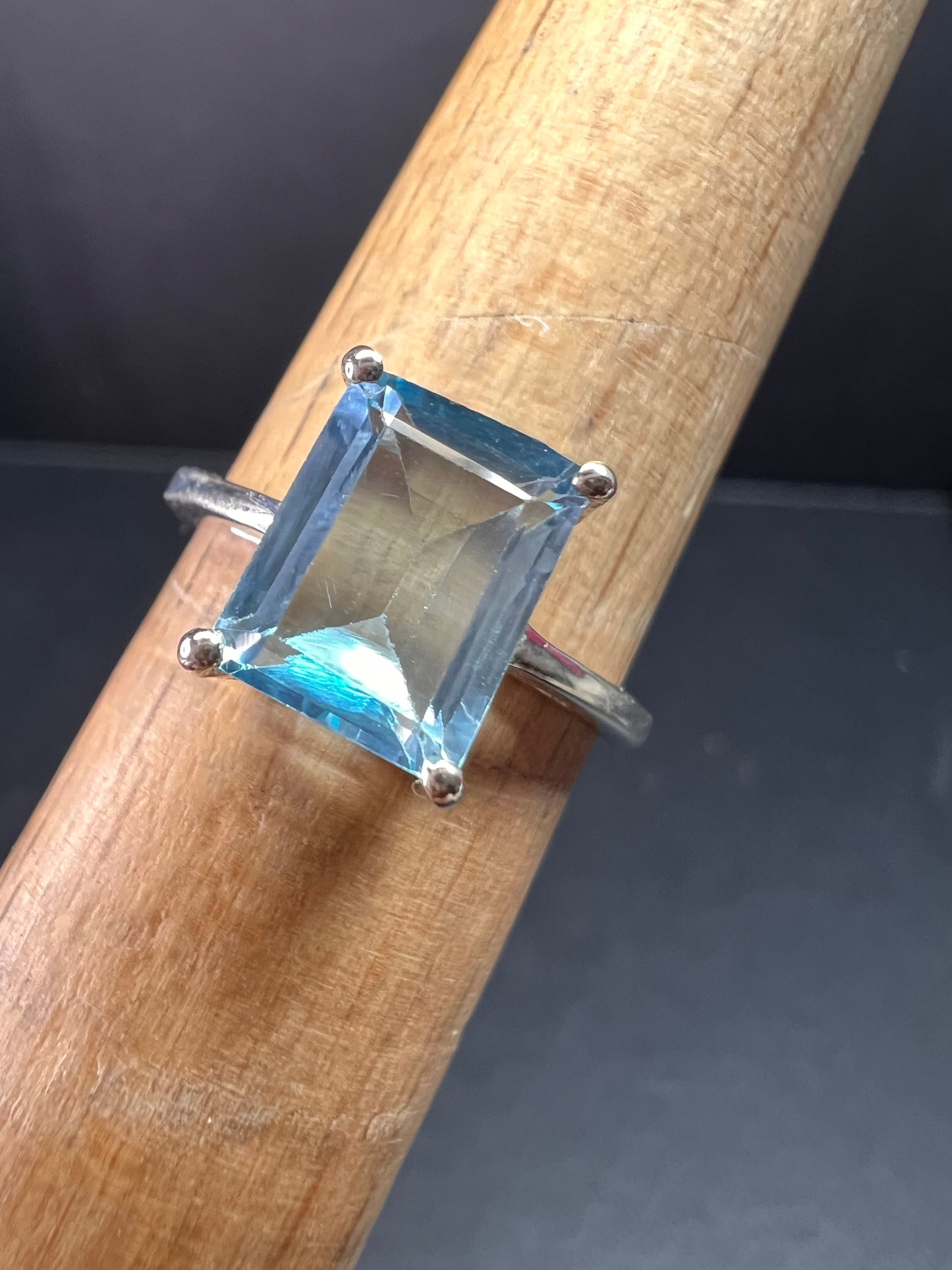 Blue topaz emerald cut sterling silver ring size 7