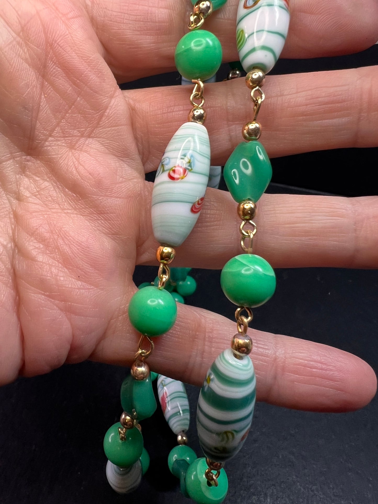 Vintage 32" Italian Murano Art Glass Green Floral Beaded Necklace