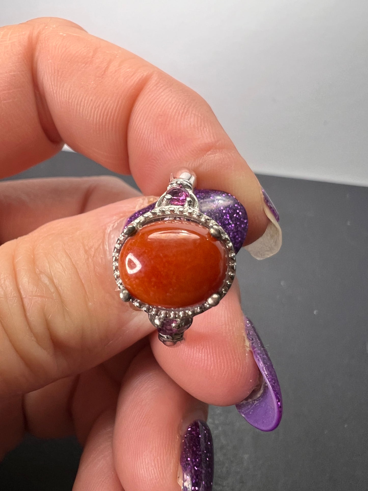 Red Jade and grape rhodolite garnet sterling silver ring size 9