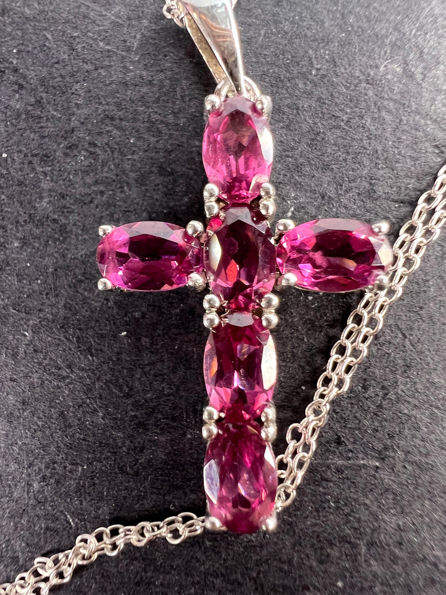 Raspberry rhodolite garnet cross pendant and chain necklace in sterling silver