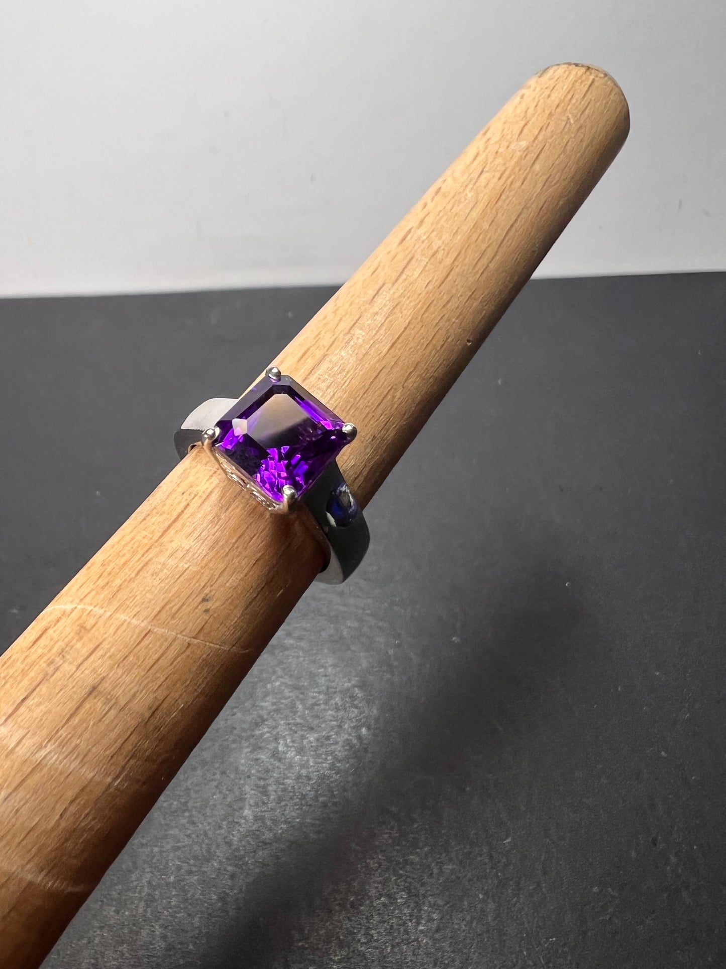 Asscher cut Moroccan amethyst solitaire ring in platinum over sterling silver size 5 *NEW*