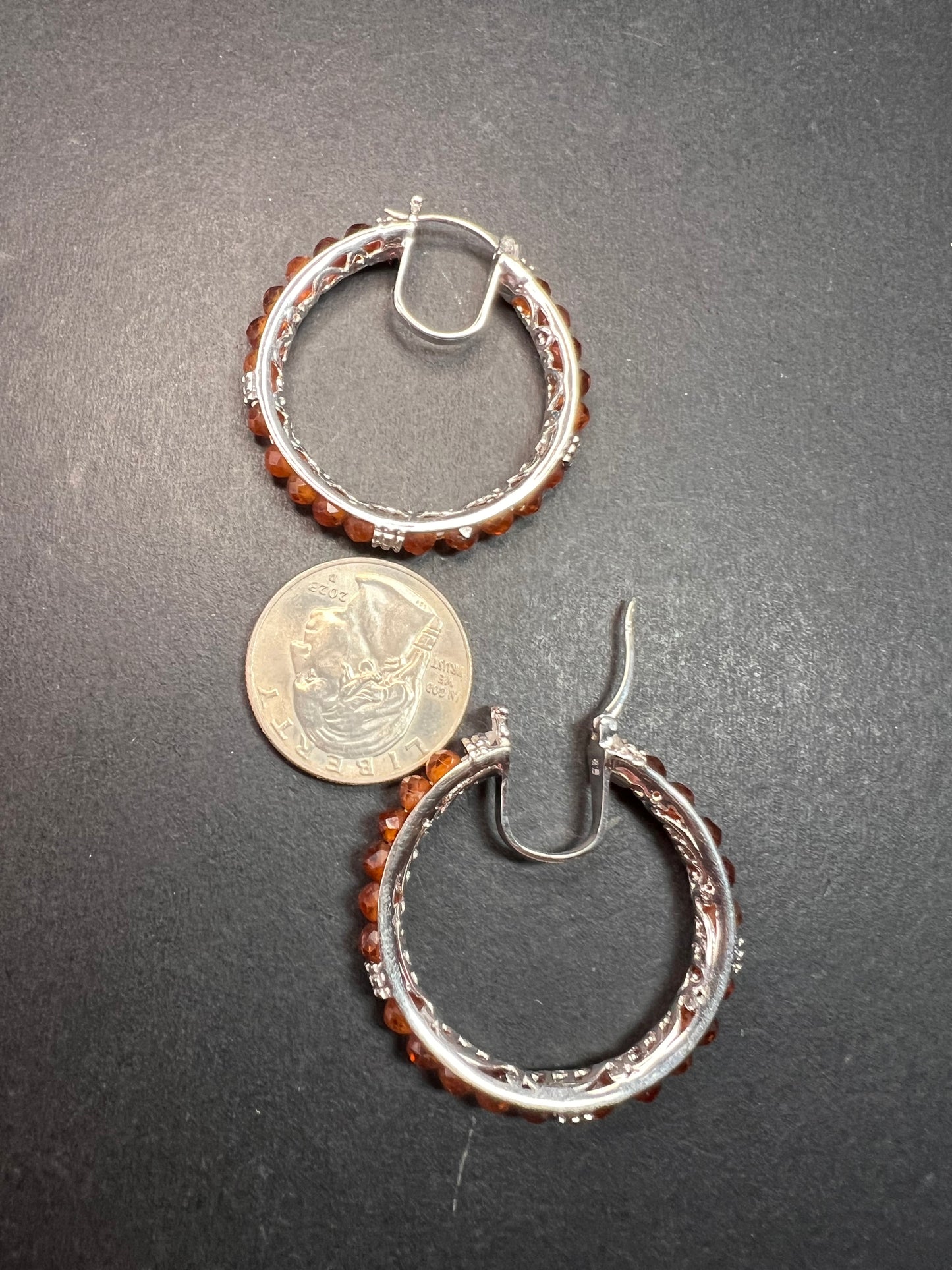 NEW Hessonite garnet hoop earrings in platinum over brass